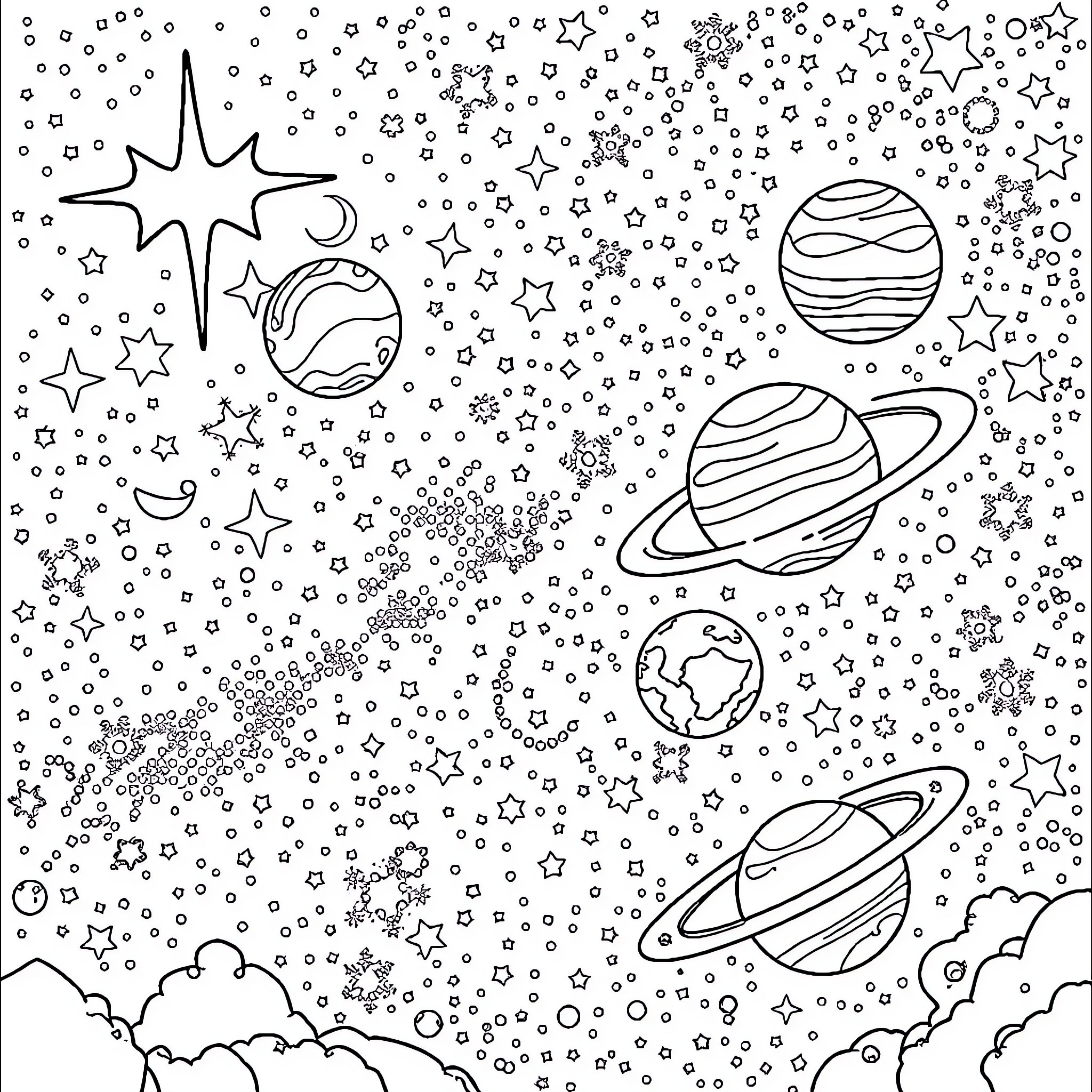 Space Themed Doodle with Cosmic Elements Coloring Page (free black-and-white line drawing printable PDF for all, from beginners to advanced learners, including children, teens, adults, and seniors)
