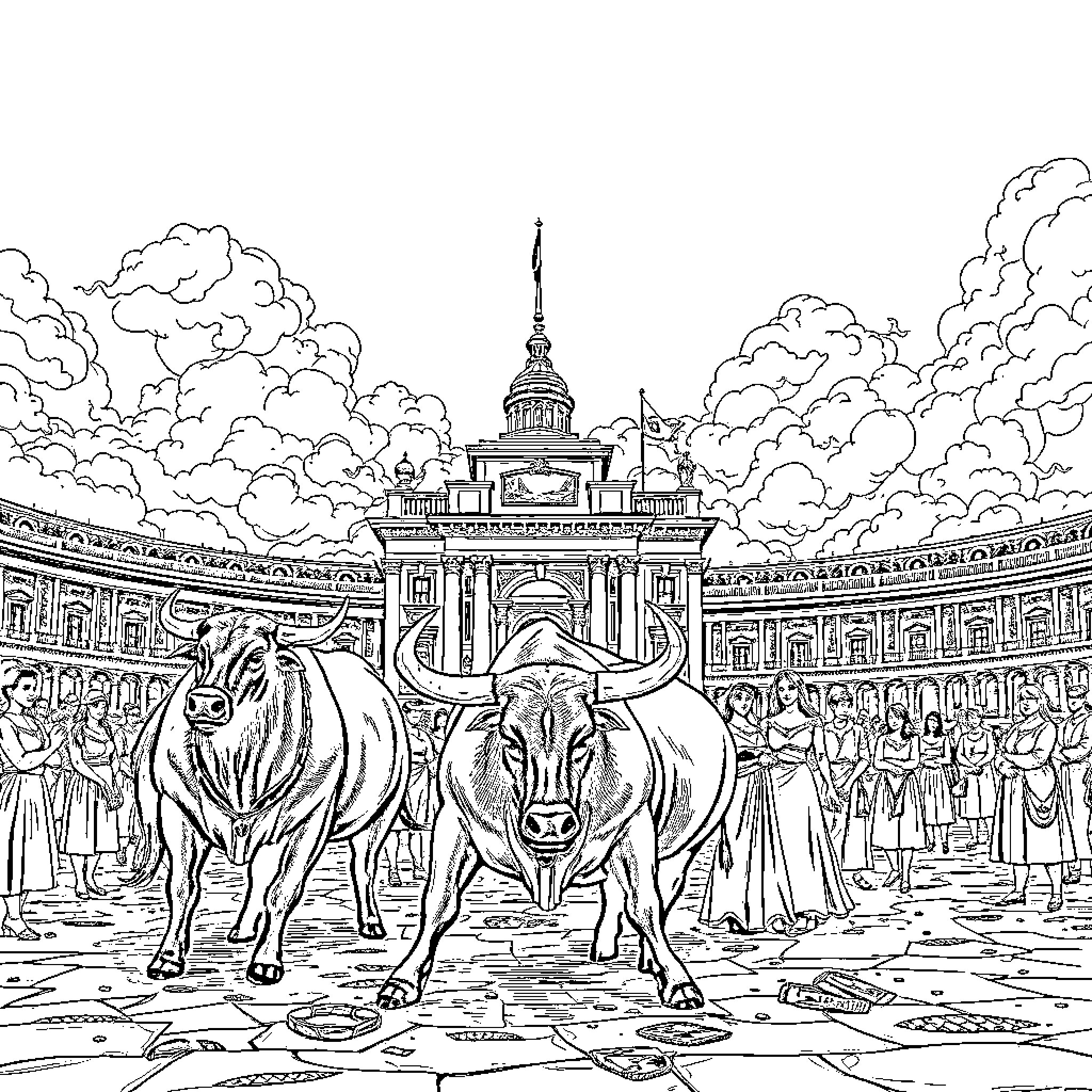 Bull Parade in Ornate Palace Courtyard Coloring Page (free black-and-white line drawing printable PDF for all, from beginners to advanced learners, including children, teens, adults, and seniors)
