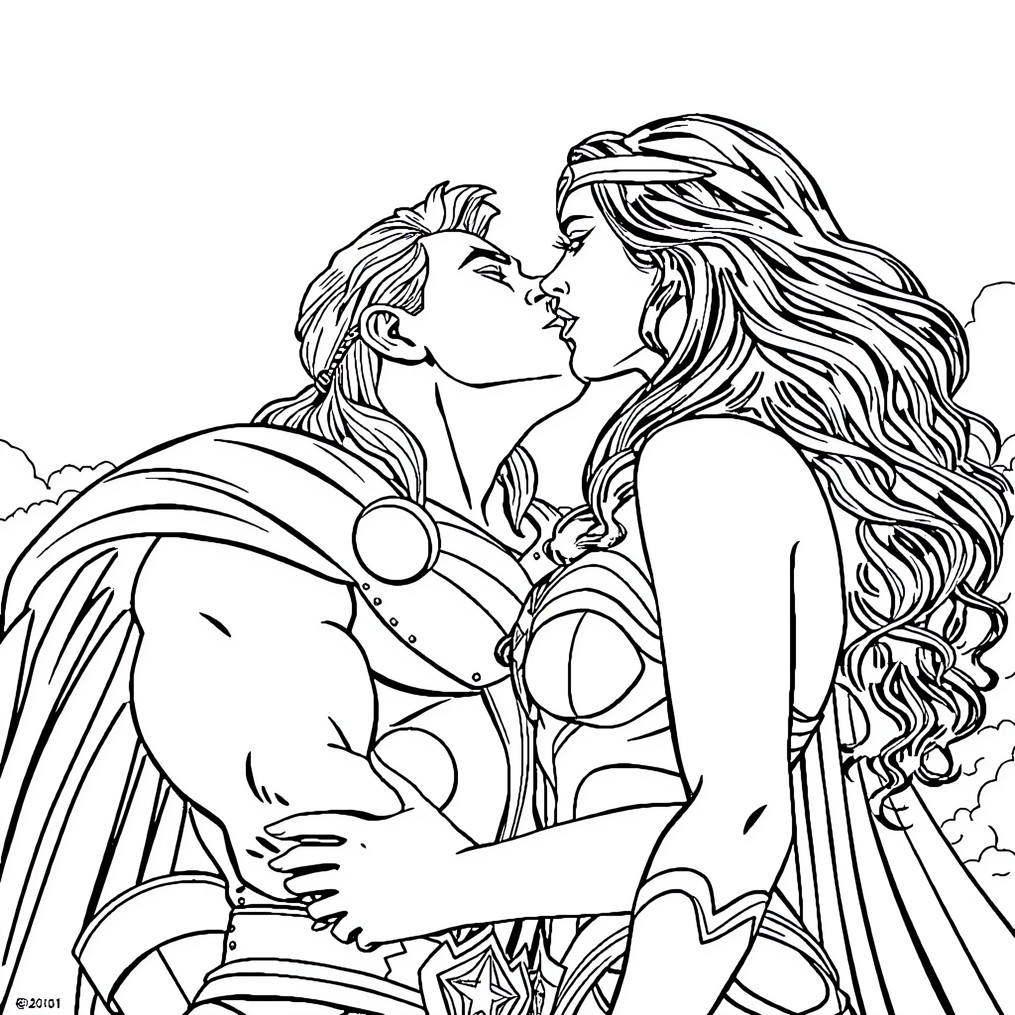 Wonder Woman and Superman in heroic embrace Coloring Page (free black-and-white line drawing printable PDF for all, from beginners to advanced learners, including children, teens, adults, and seniors)