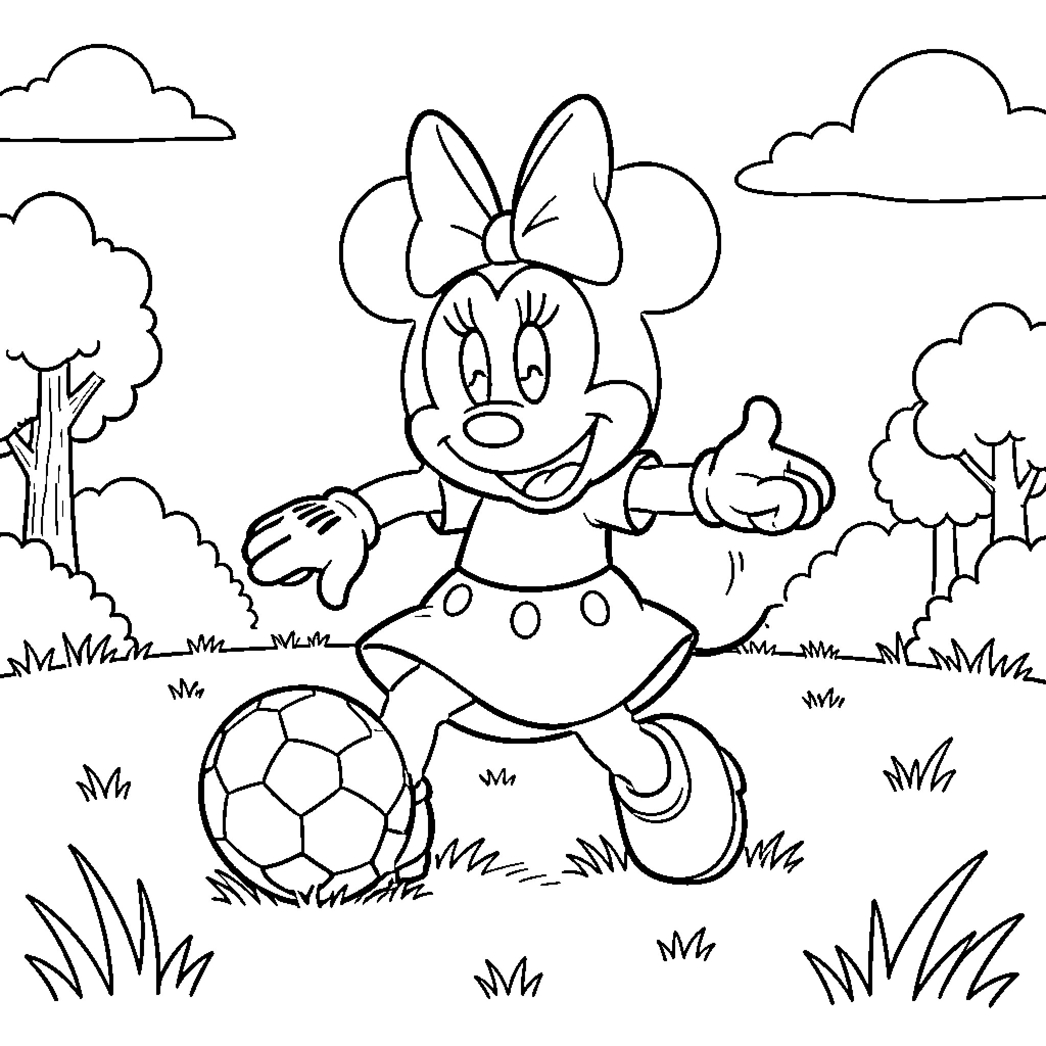 Minnie playing soccer in a grassy field Coloring Page (free black-and-white line drawing printable PDF for all, from beginners to advanced learners, including children, teens, adults, and seniors)