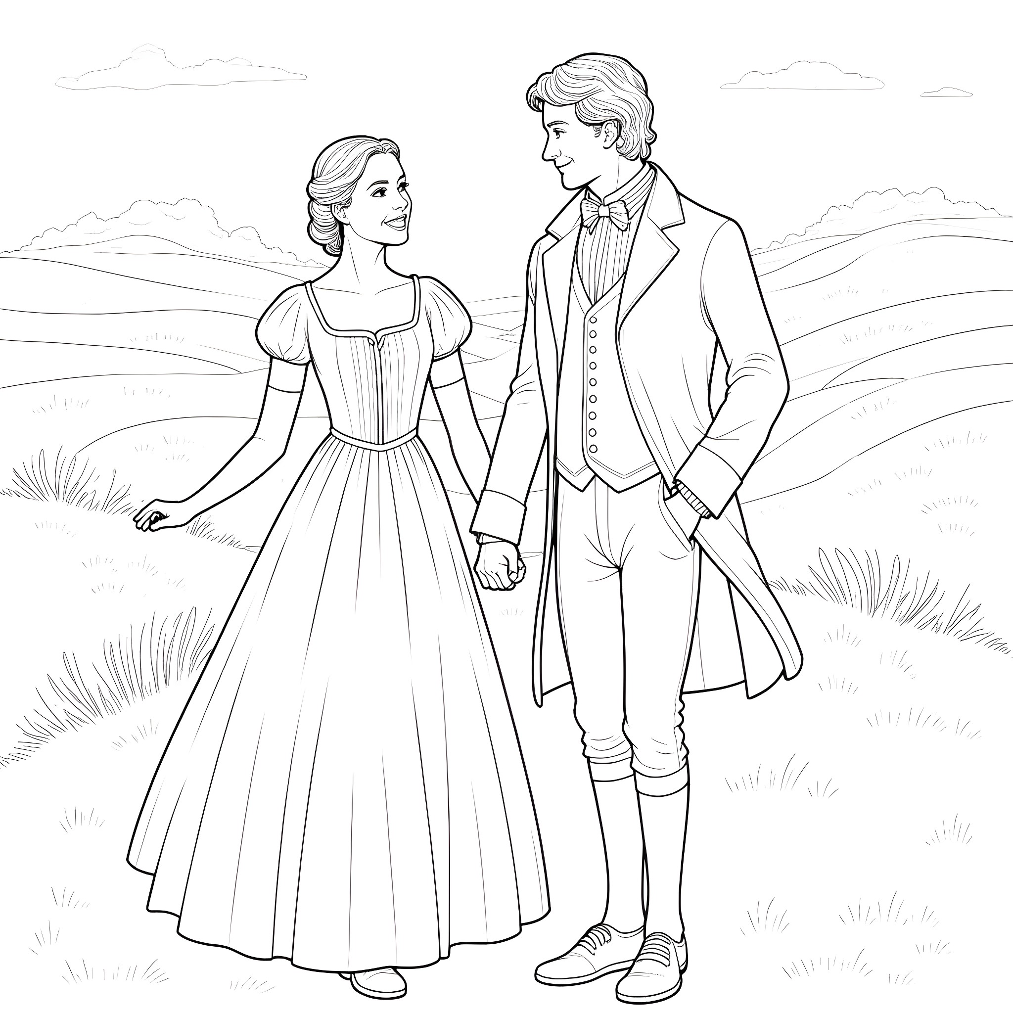 Pride and Prejudice - Couple in Victorian Era Attire Coloring Page (free black-and-white line drawing printable PDF for all, from beginners to advanced learners, including children, teens, adults, and seniors)