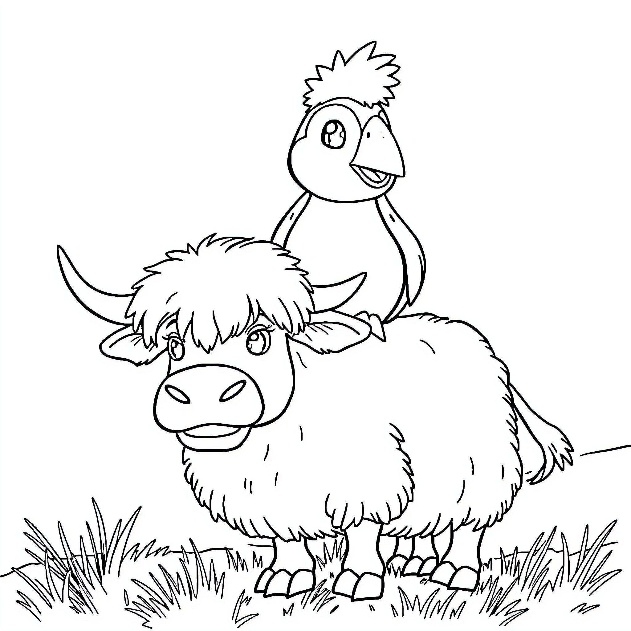 Puffin perched on a fluffy highland cow Coloring Page (free black-and-white line drawing printable PDF for all, from beginners to advanced learners, including children, teens, adults, and seniors)