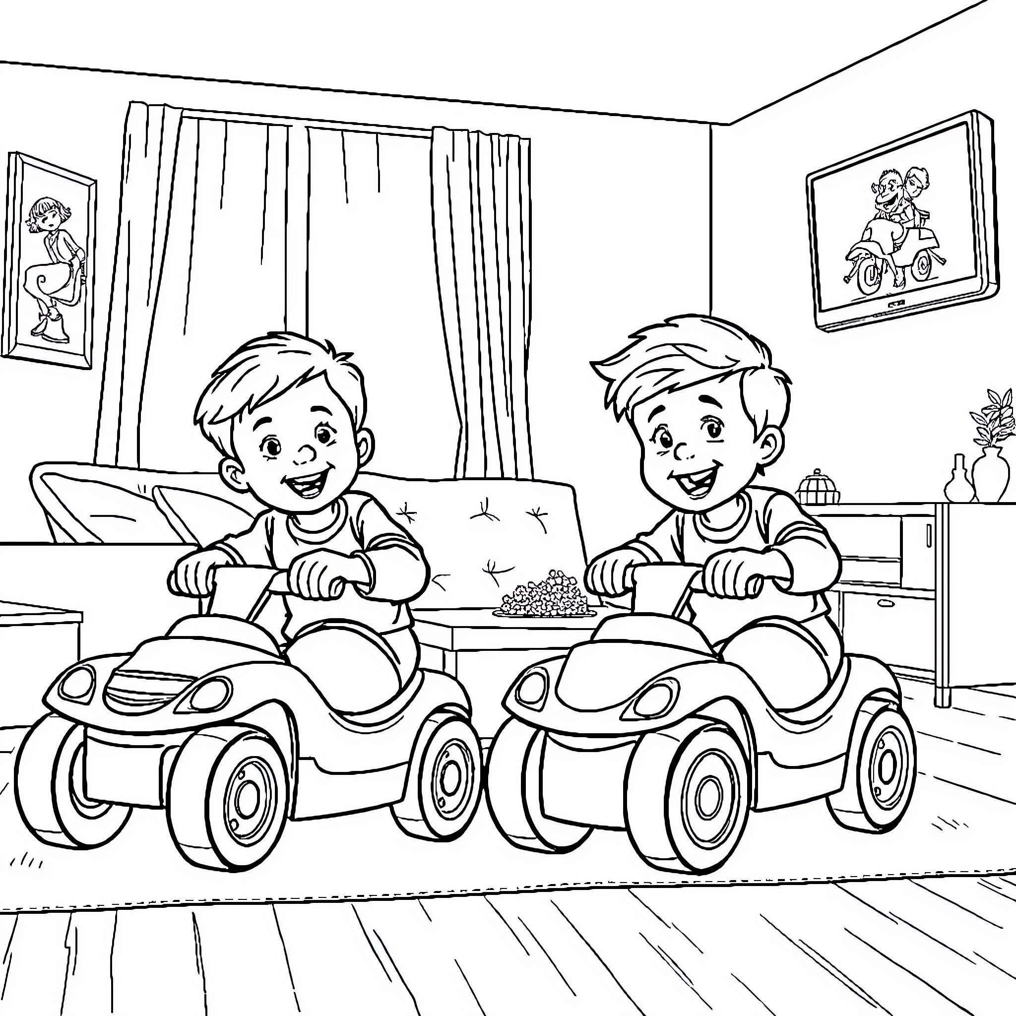Brothers playing together with toy cars Coloring Page (free black-and-white line drawing printable PDF for all, from beginners to advanced learners, including children, teens, adults, and seniors)