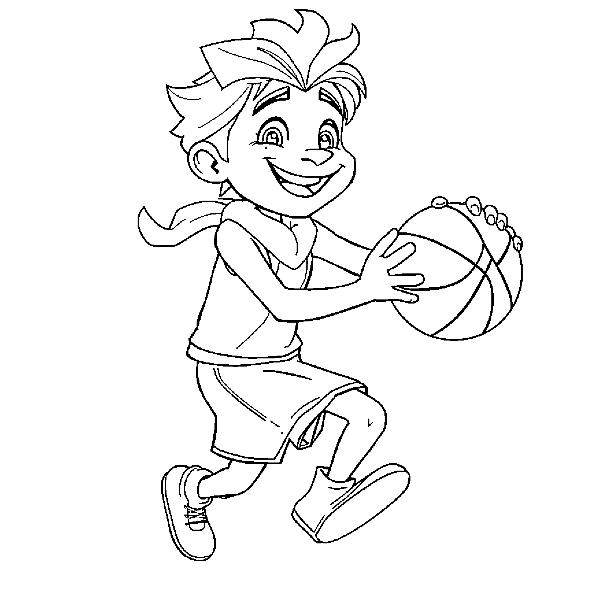 Frozen Boy Playing Happily with Basketball Coloring Page (free black-and-white line drawing printable PDF for all, from beginners to advanced learners, including children, teens, adults, and seniors)