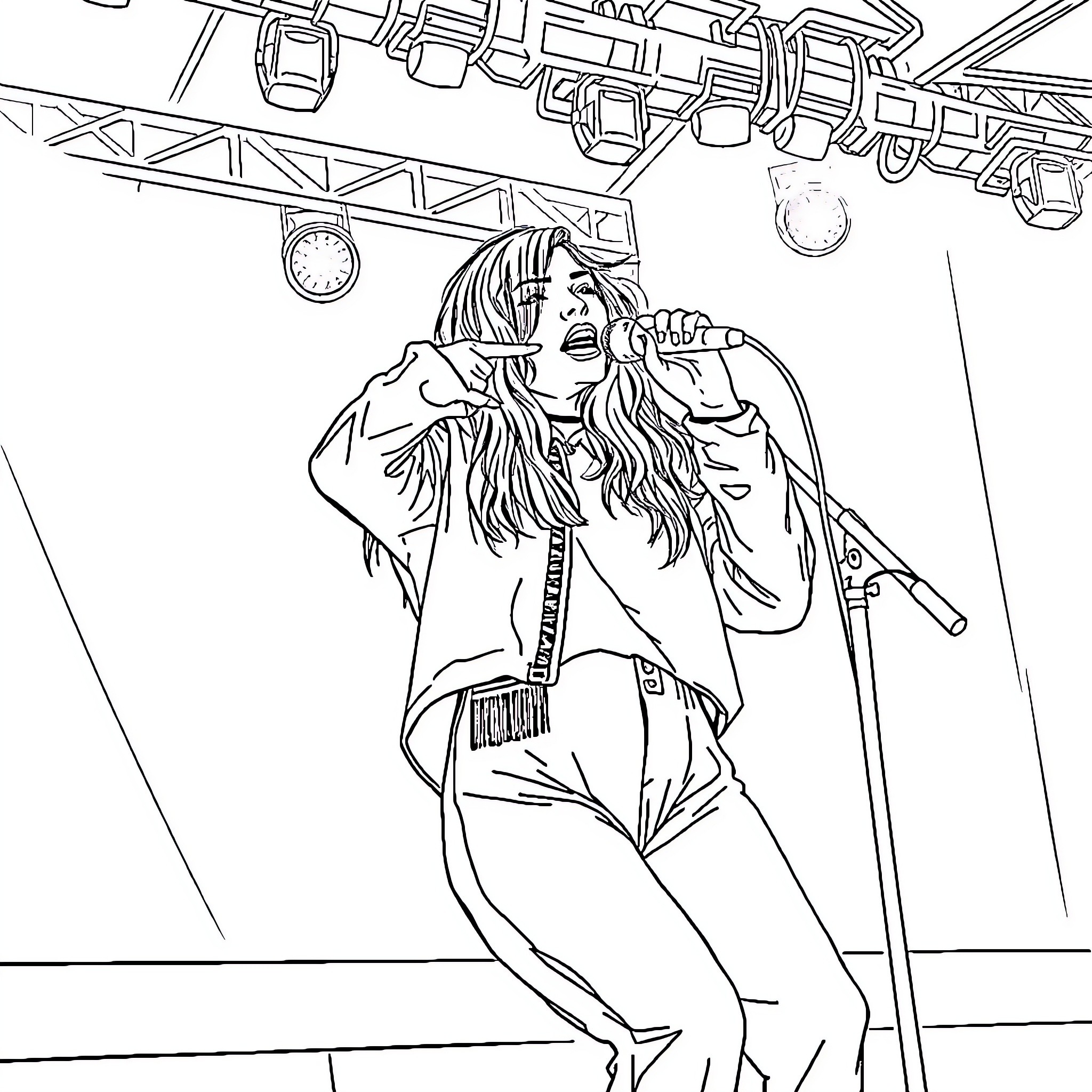 Billie Eilish performing on stage with microphone Coloring Page (free black-and-white line drawing printable PDF for all, from beginners to advanced learners, including children, teens, adults, and seniors)