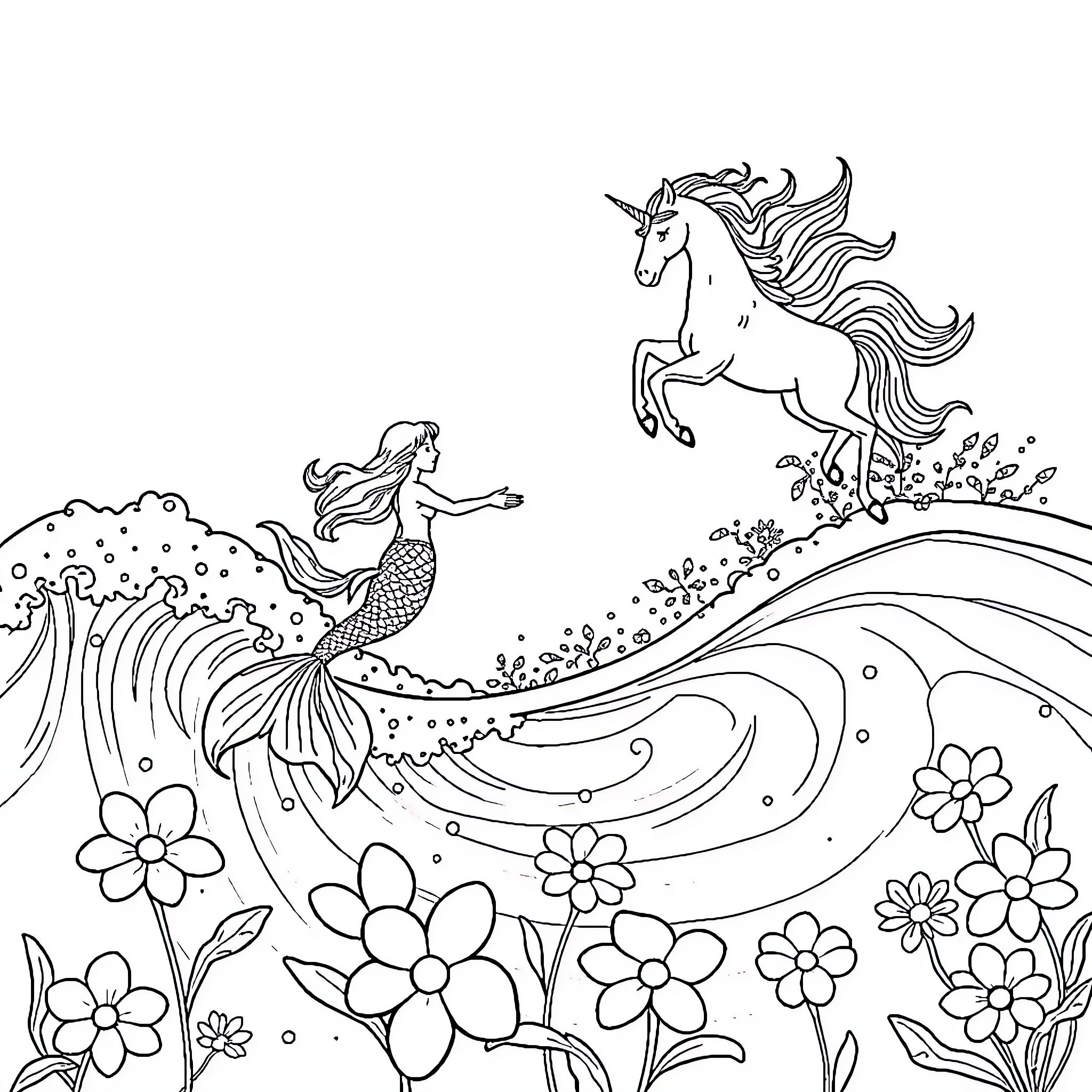Mermaid dancing with a magical unicorn in a floral landscape Coloring Page (free black-and-white line drawing printable PDF for all, from beginners to advanced learners, including children, teens, adults, and seniors)
