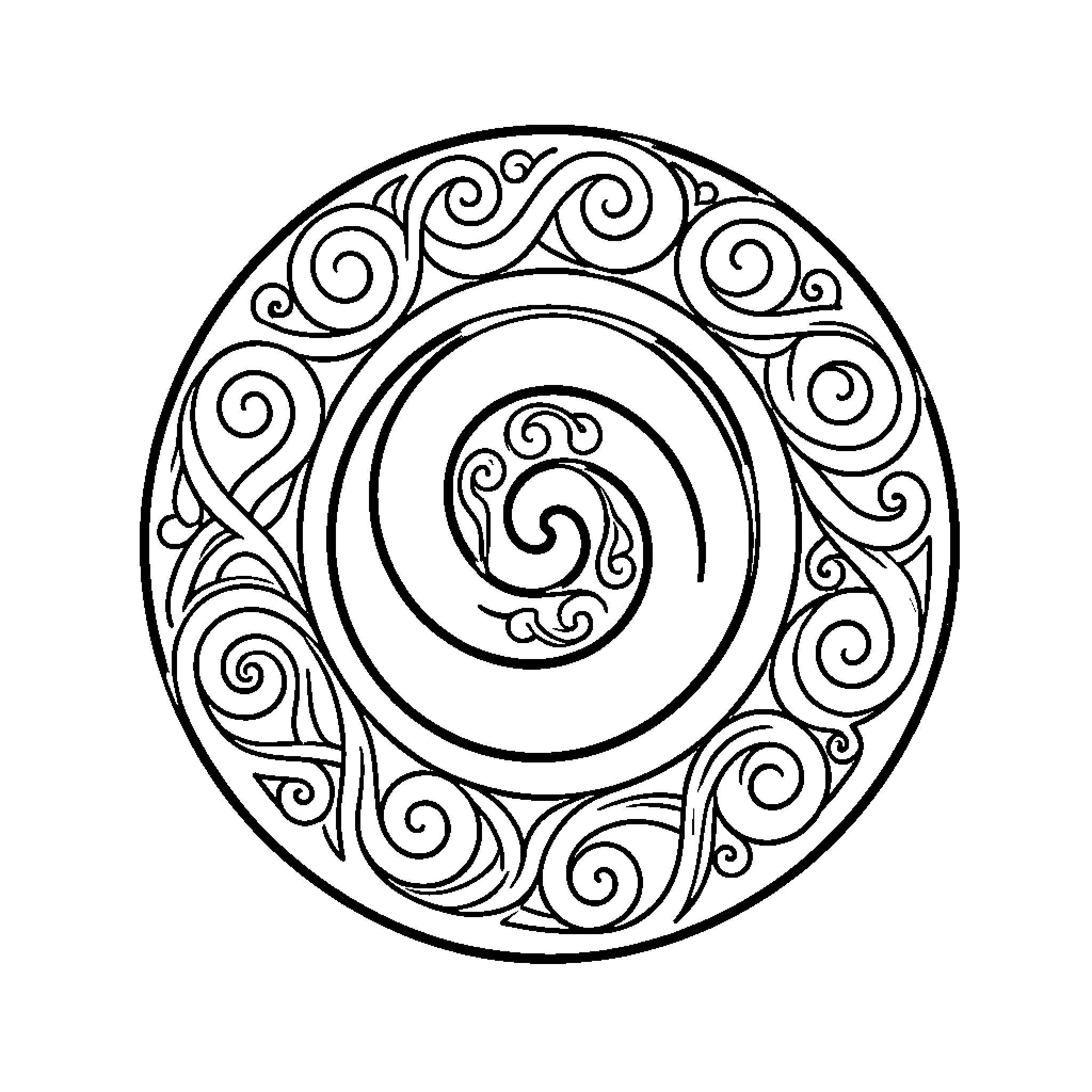 Koru featuring intricate swirling spiral patterns in a circle Coloring Page (free black-and-white line drawing printable PDF for all, from beginners to advanced learners, including children, teens, adults, and seniors)