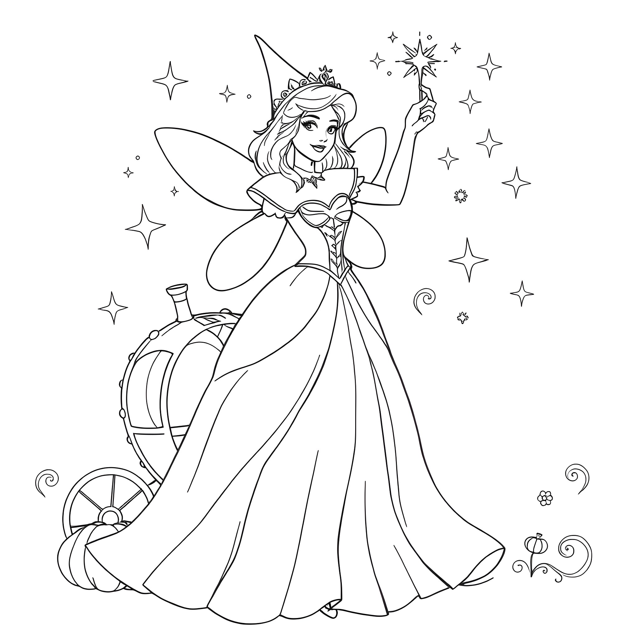 Fairy Godmother casting magic spell with wand Coloring Page (free black-and-white line drawing printable PDF for all, from beginners to advanced learners, including children, teens, adults, and seniors)