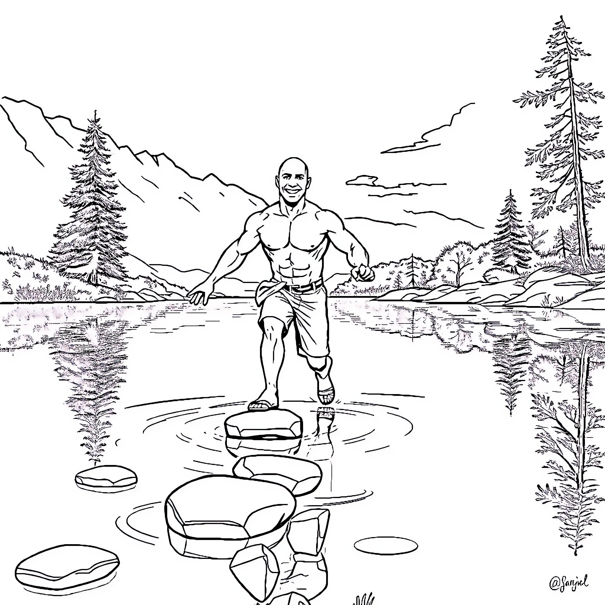 Dwayne Johnson's Outdoor Adventure in Nature Coloring Page (free black-and-white line drawing printable PDF for all, from beginners to advanced learners, including children, teens, adults, and seniors)