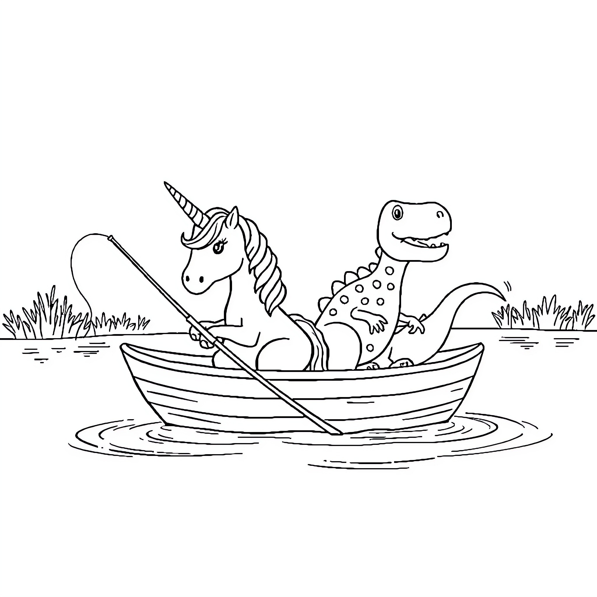 Unicorn and Dinosaur Sailing Together Coloring Page (free black-and-white line drawing printable PDF for all, from beginners to advanced learners, including children, teens, adults, and seniors)