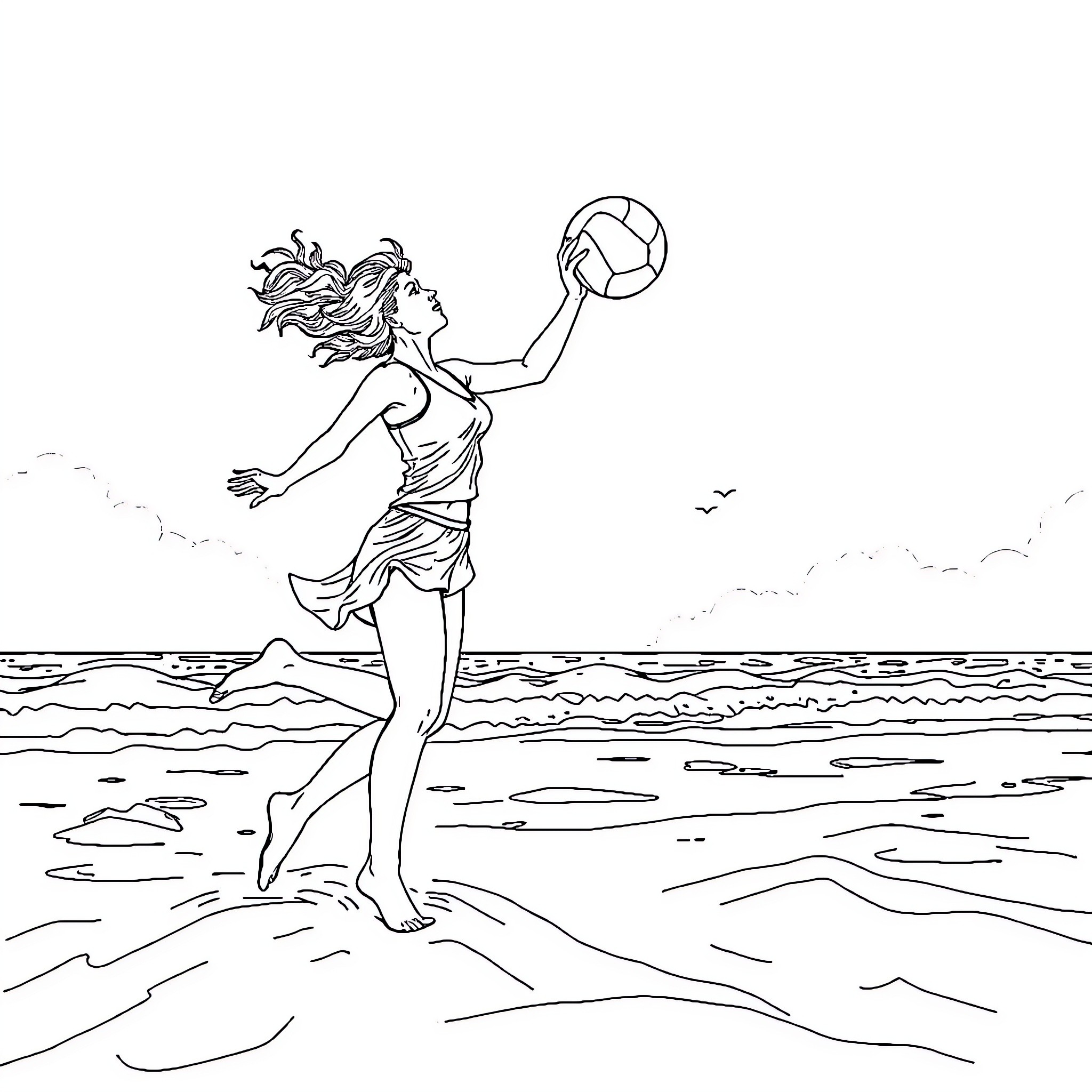 Woman playing volleyball on the beach Coloring Page (free black-and-white line drawing printable PDF for all, from beginners to advanced learners, including children, teens, adults, and seniors)