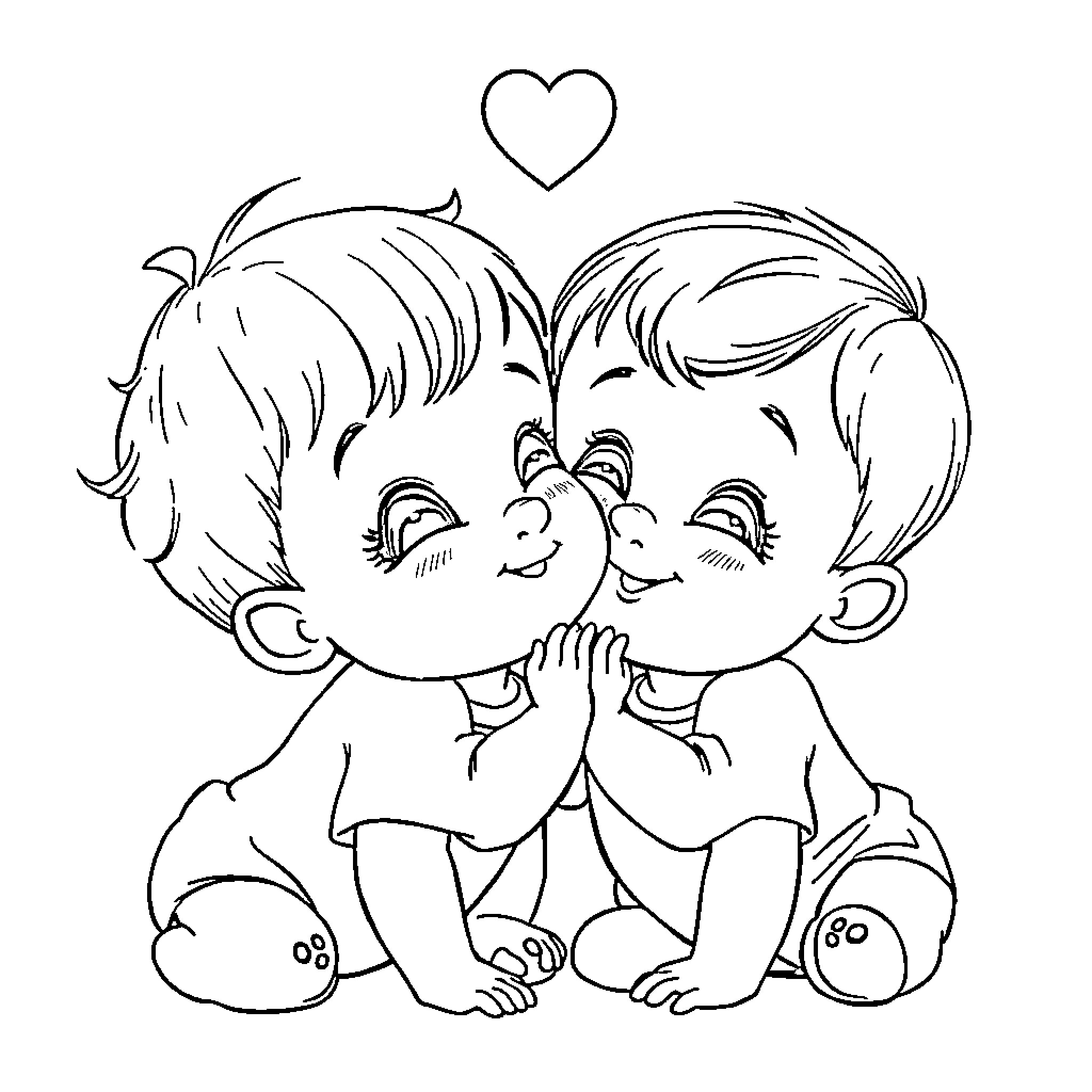 Baby Dolls Expressing Affection Coloring Page (free black-and-white line drawing printable PDF for all, from beginners to advanced learners, including children, teens, adults, and seniors)