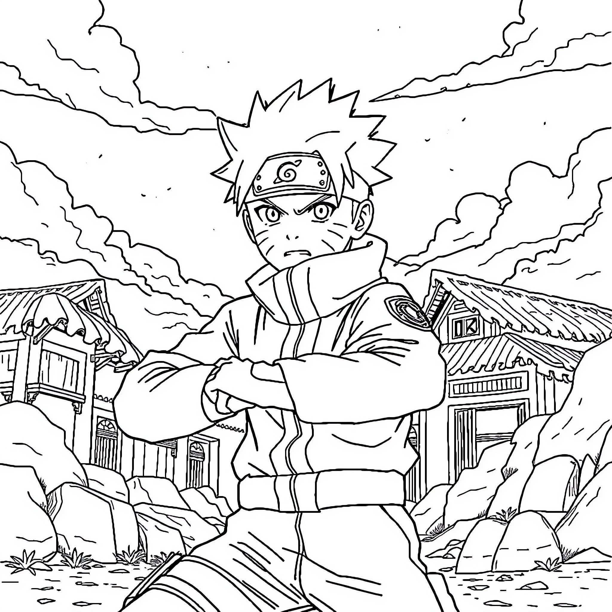 Naruto in an intense battle with determination Coloring Page (free black-and-white line drawing printable PDF for all, from beginners to advanced learners, including children, teens, adults, and seniors)