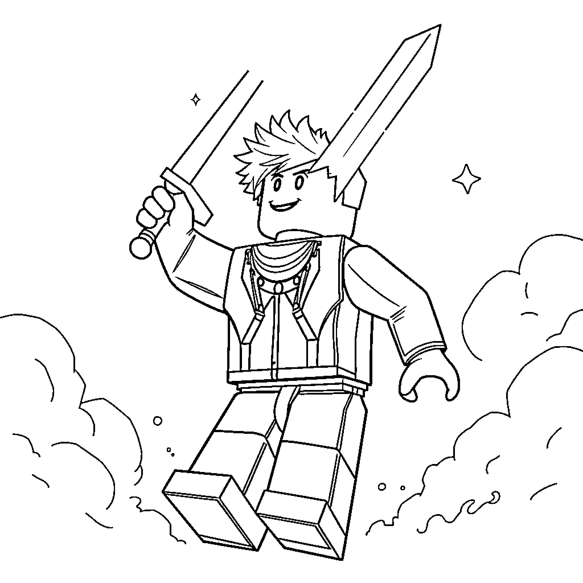 ROBLOX Man wielding a sword in action-packed scene Coloring Page (free black-and-white line drawing printable PDF for all, from beginners to advanced learners, including children, teens, adults, and seniors)