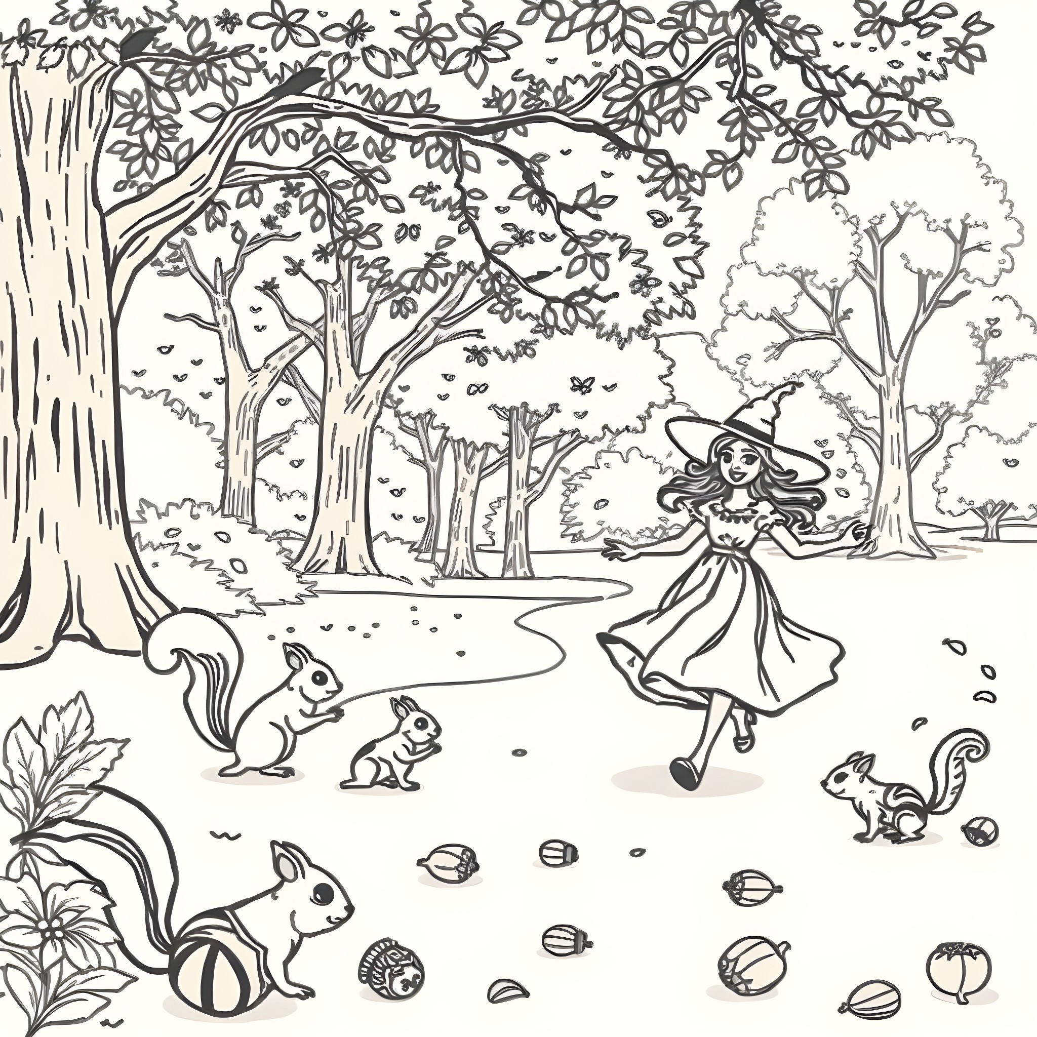 Lady in a Whimsical Forest Scene with Animals Coloring Page (free black-and-white line drawing printable PDF for all, from beginners to advanced learners, including children, teens, adults, and seniors)