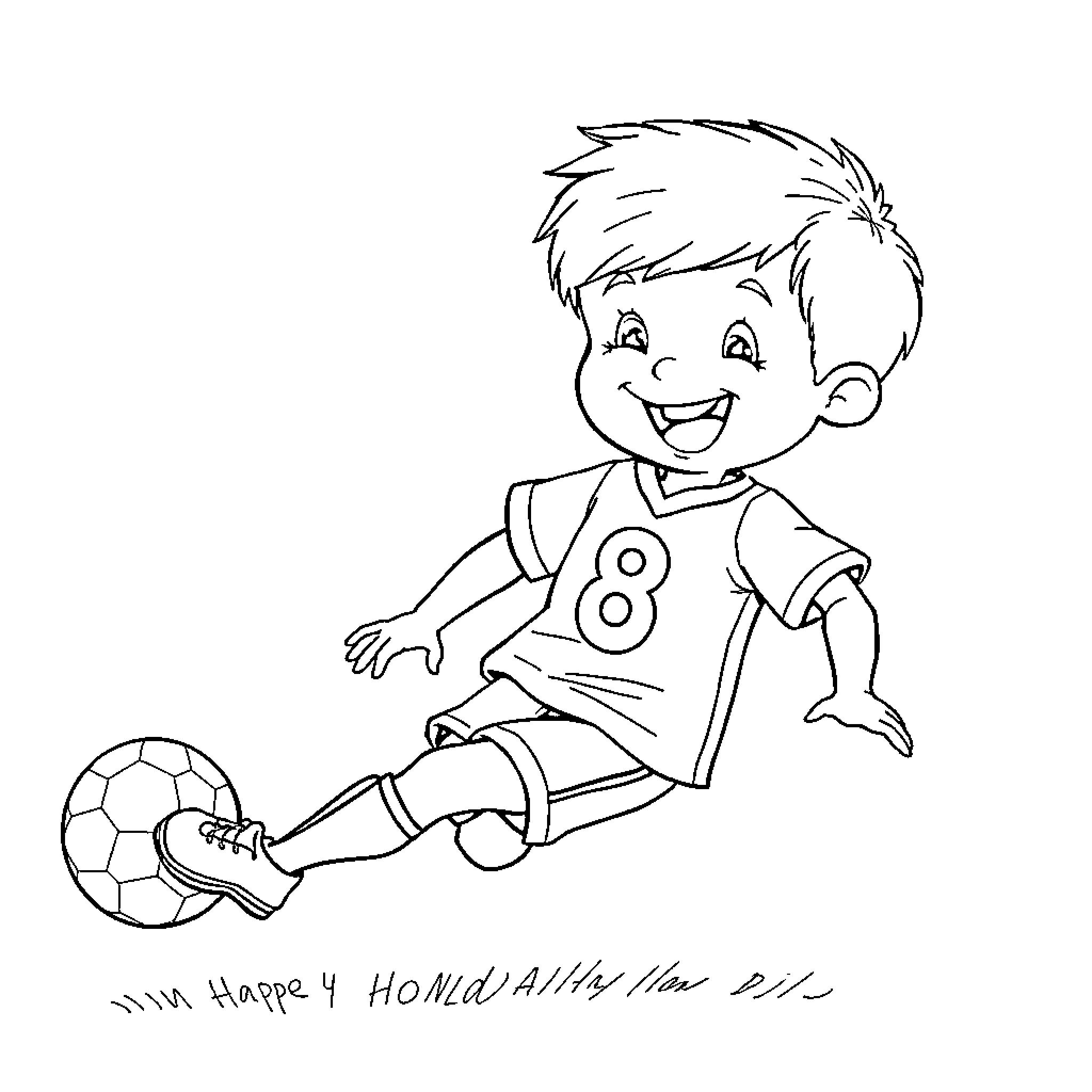 Oliver playing joyfully with a soccer ball Coloring Page (free black-and-white line drawing printable PDF for all, from beginners to advanced learners, including children, teens, adults, and seniors)