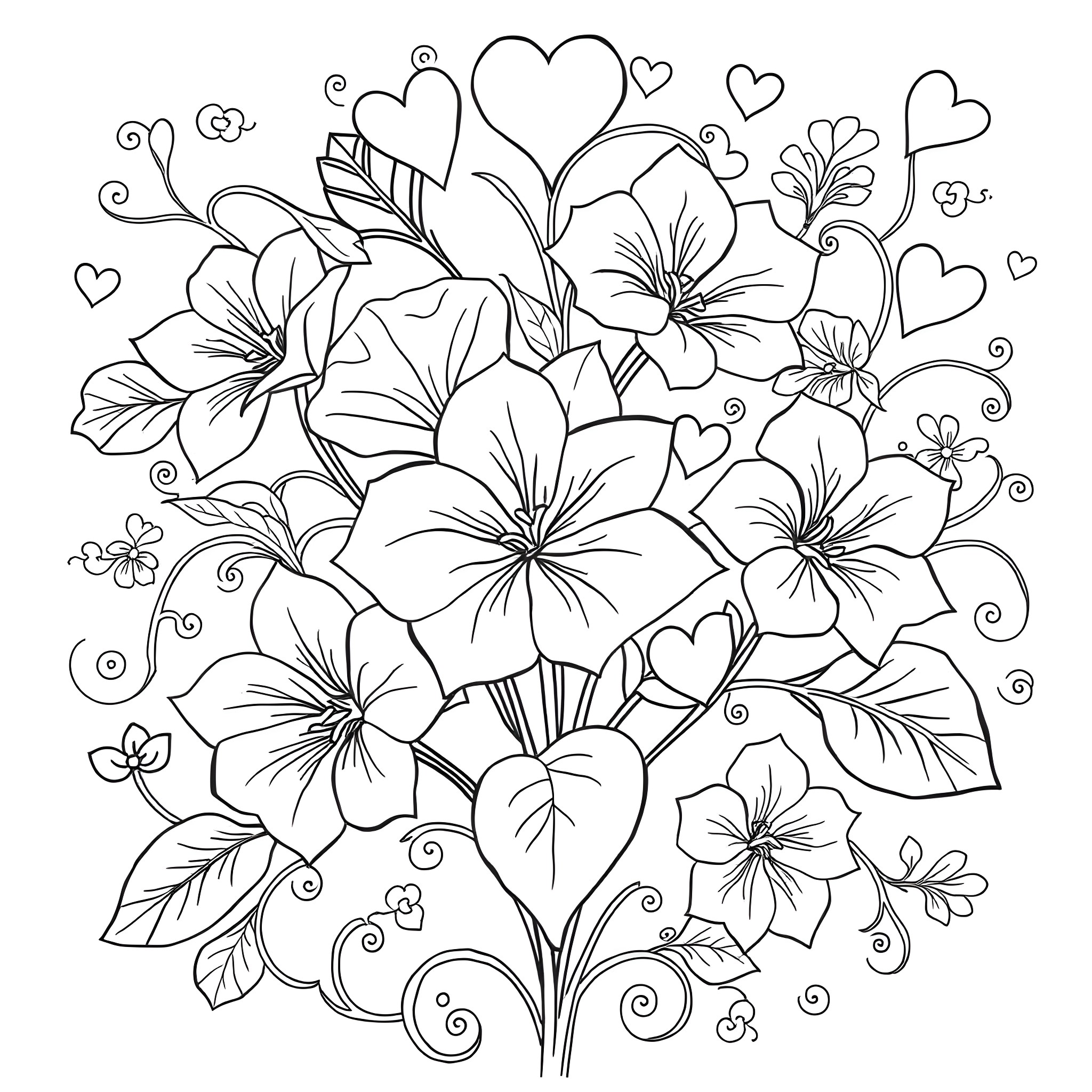 Begonia floral bouquet with stylized hearts Coloring Page (free black-and-white line drawing printable PDF for all, from beginners to advanced learners, including children, teens, adults, and seniors)