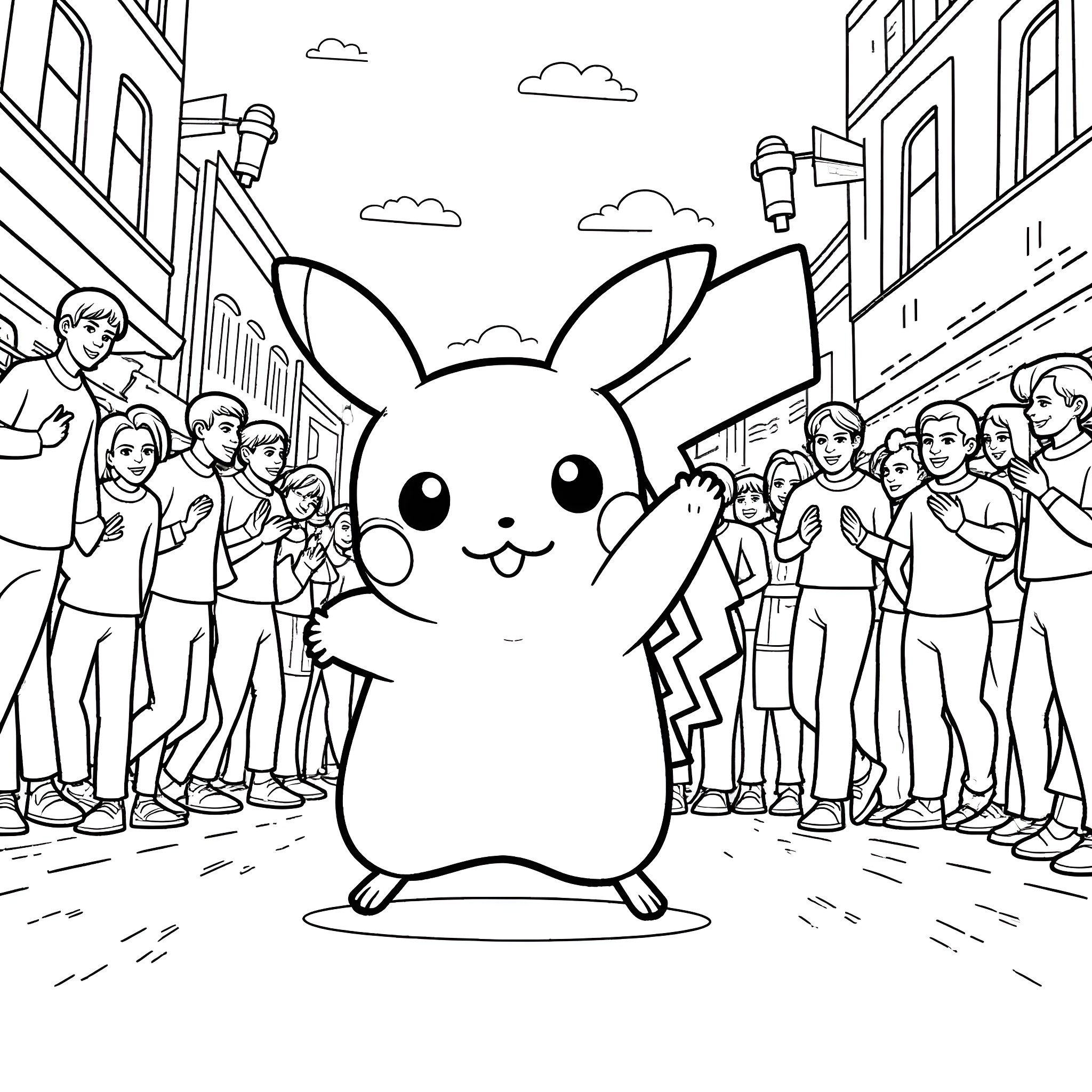 Pikachu waving happily to a crowd on the street Coloring Page (free black-and-white line drawing printable PDF for all, from beginners to advanced learners, including children, teens, adults, and seniors)