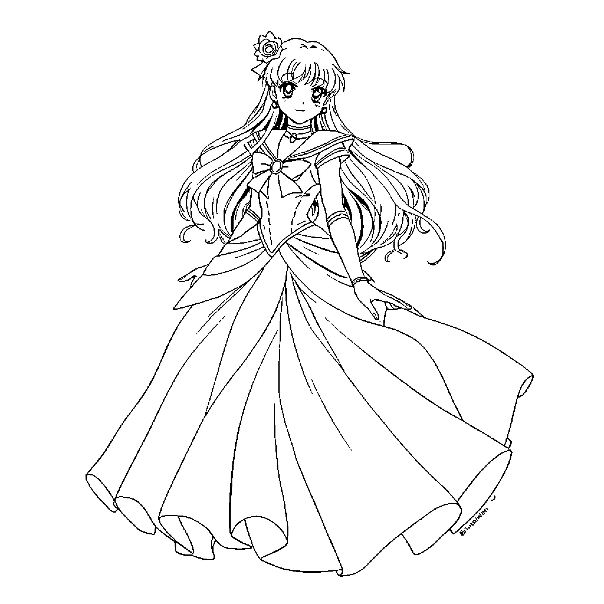 Sailor Saturn in elegant magical dress Coloring Page (free black-and-white line drawing printable PDF for all, from beginners to advanced learners, including children, teens, adults, and seniors)
