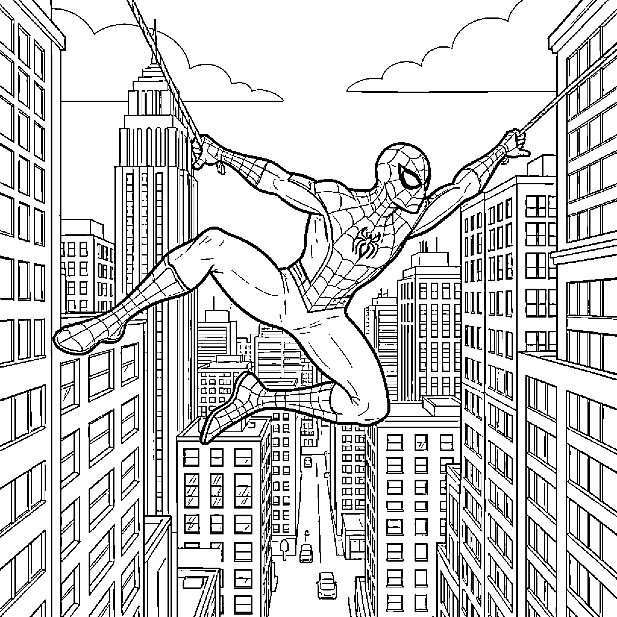 Spider-Man swinging between tall city skyscrapers Coloring Page (free black-and-white line drawing printable PDF for all, from beginners to advanced learners, including children, teens, adults, and seniors)