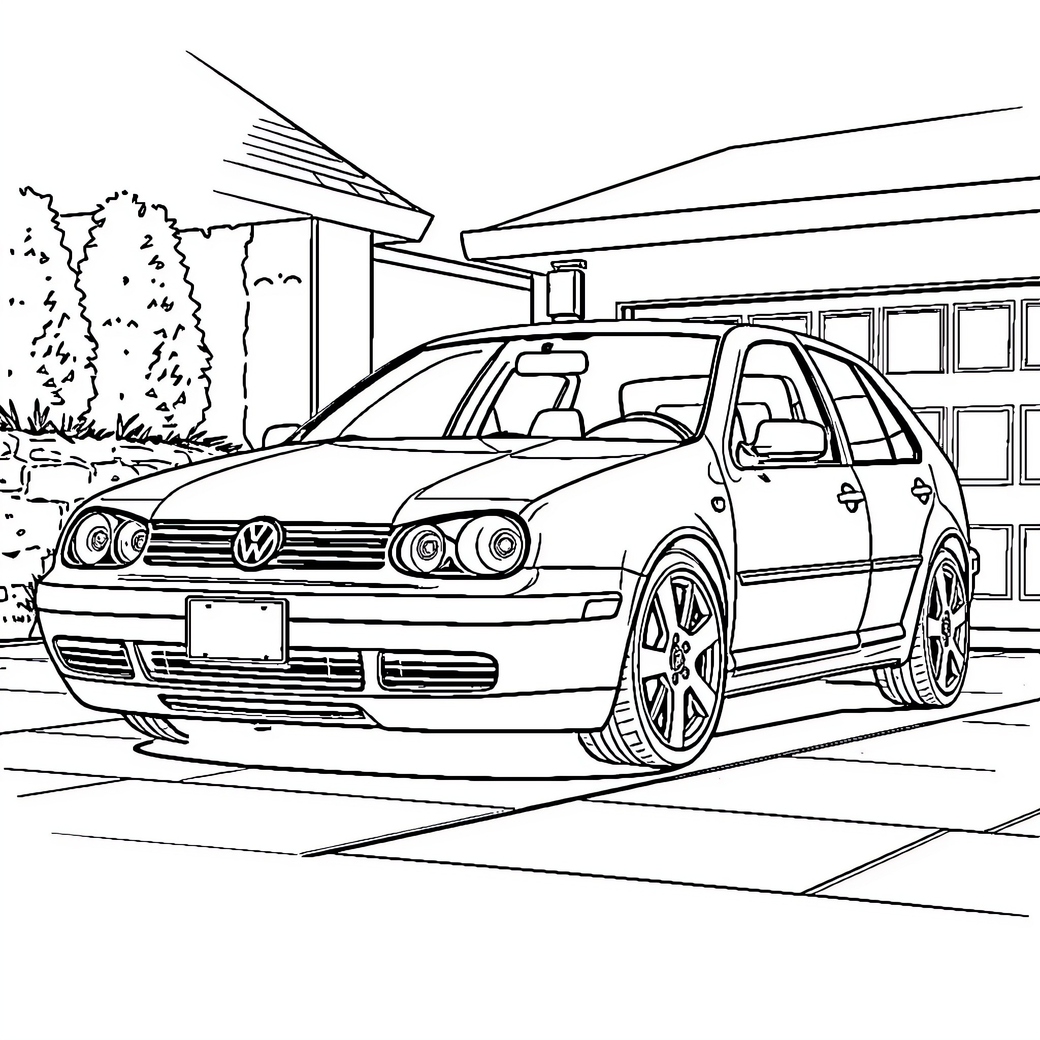 Mk4 Jetta parked outside modern building Coloring Page (free black-and-white line drawing printable PDF for all, from beginners to advanced learners, including children, teens, adults, and seniors)