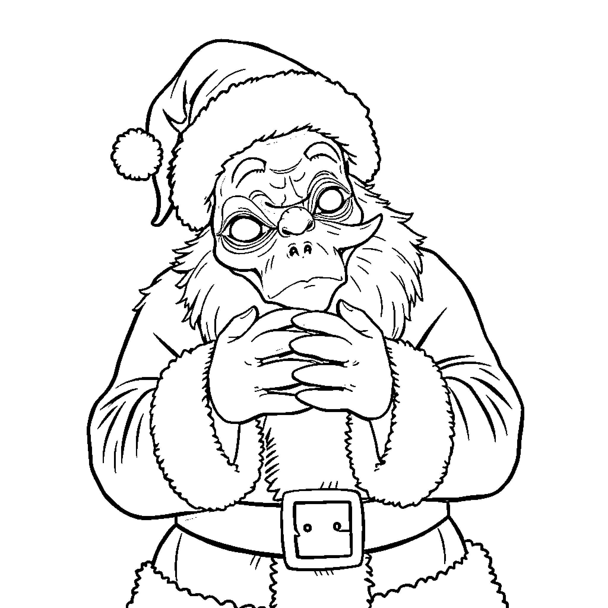 Santa monster with big eyes and furry costume Coloring Page (free black-and-white line drawing printable PDF for all, from beginners to advanced learners, including children, teens, adults, and seniors)