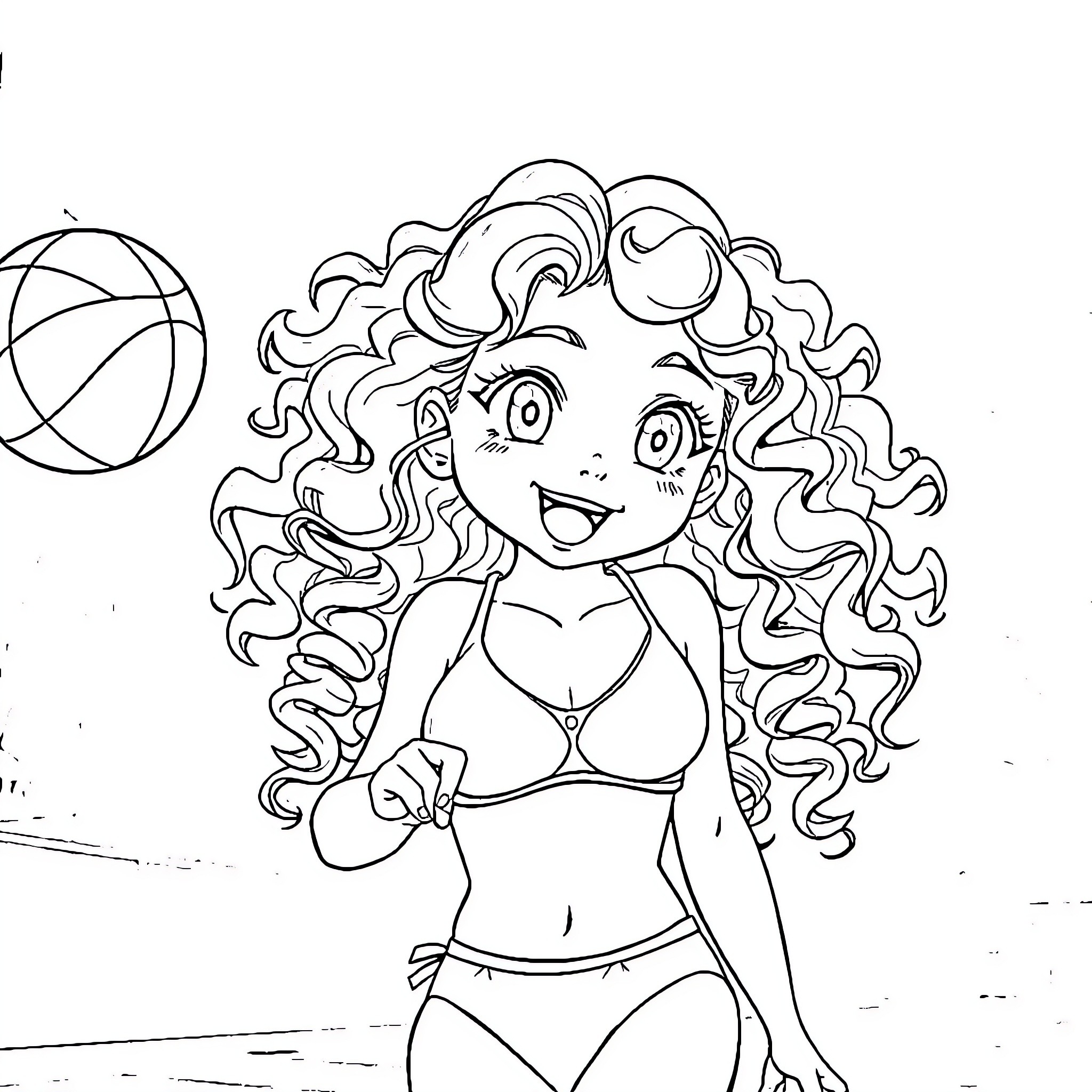 Girl playing with beach ball in the sun Coloring Page (free black-and-white line drawing printable PDF for all, from beginners to advanced learners, including children, teens, adults, and seniors)
