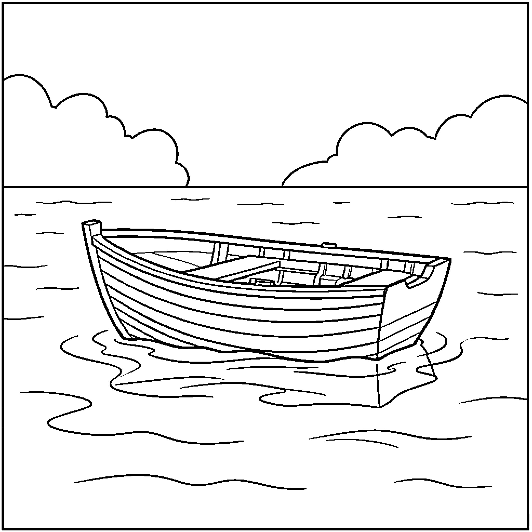 Boat floating calmly on the rippling water Coloring Page (free black-and-white line drawing printable PDF for all, from beginners to advanced learners, including children, teens, adults, and seniors)