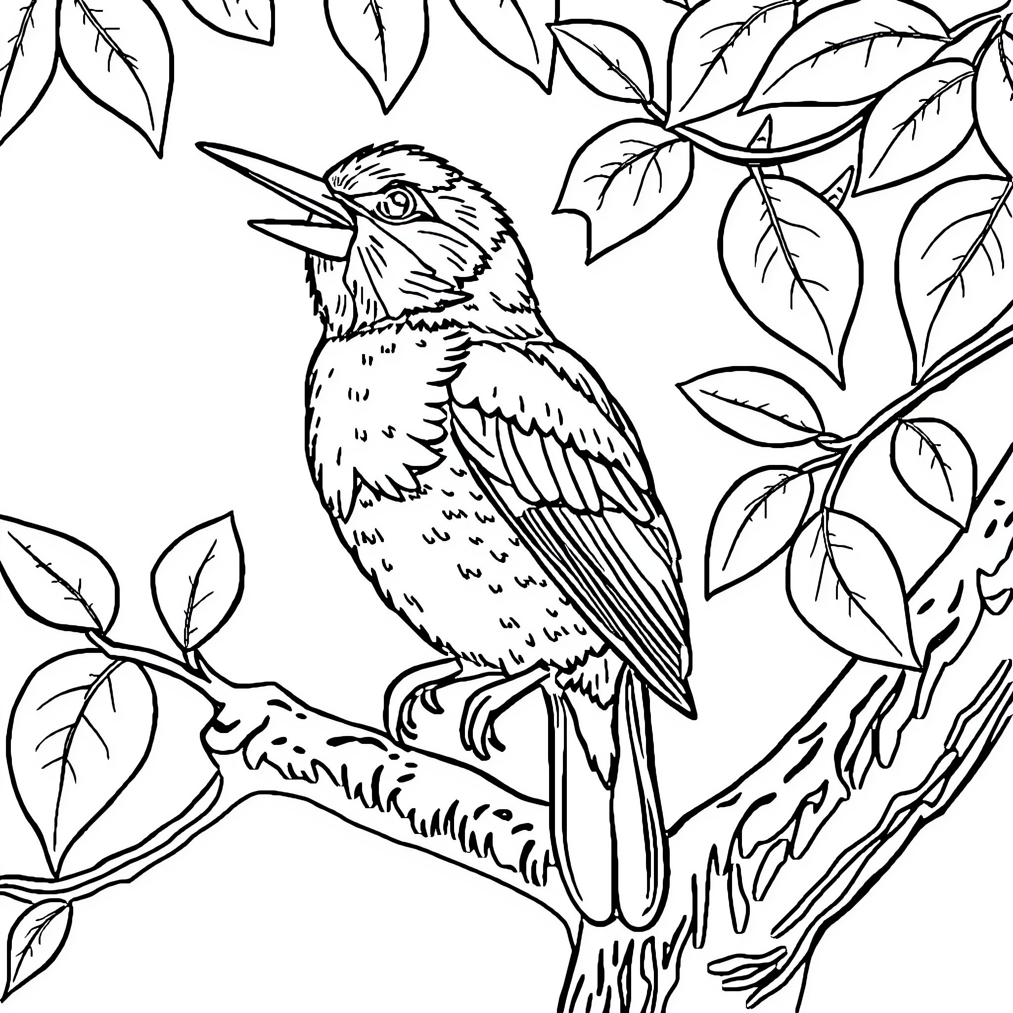 Bird perched on branch surrounded by leaves Coloring Page (free black-and-white line drawing printable PDF for all, from beginners to advanced learners, including children, teens, adults, and seniors)