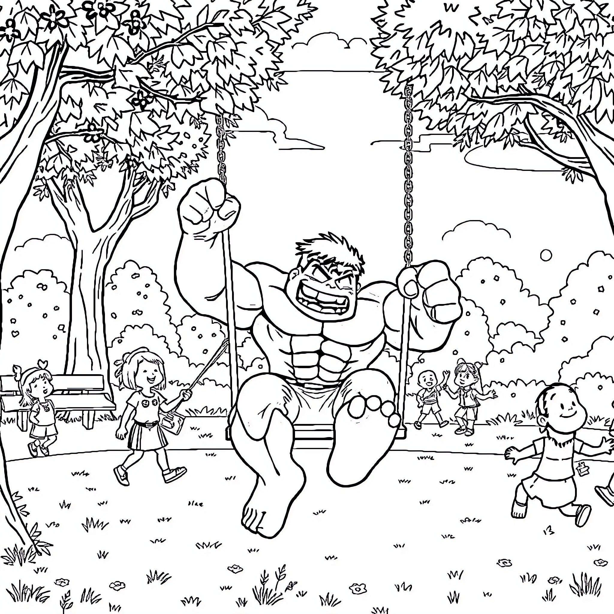 Hulk Smashing Playfully in Vibrant Forest Landscape Coloring Page (free black-and-white line drawing printable PDF for all, from beginners to advanced learners, including children, teens, adults, and seniors)