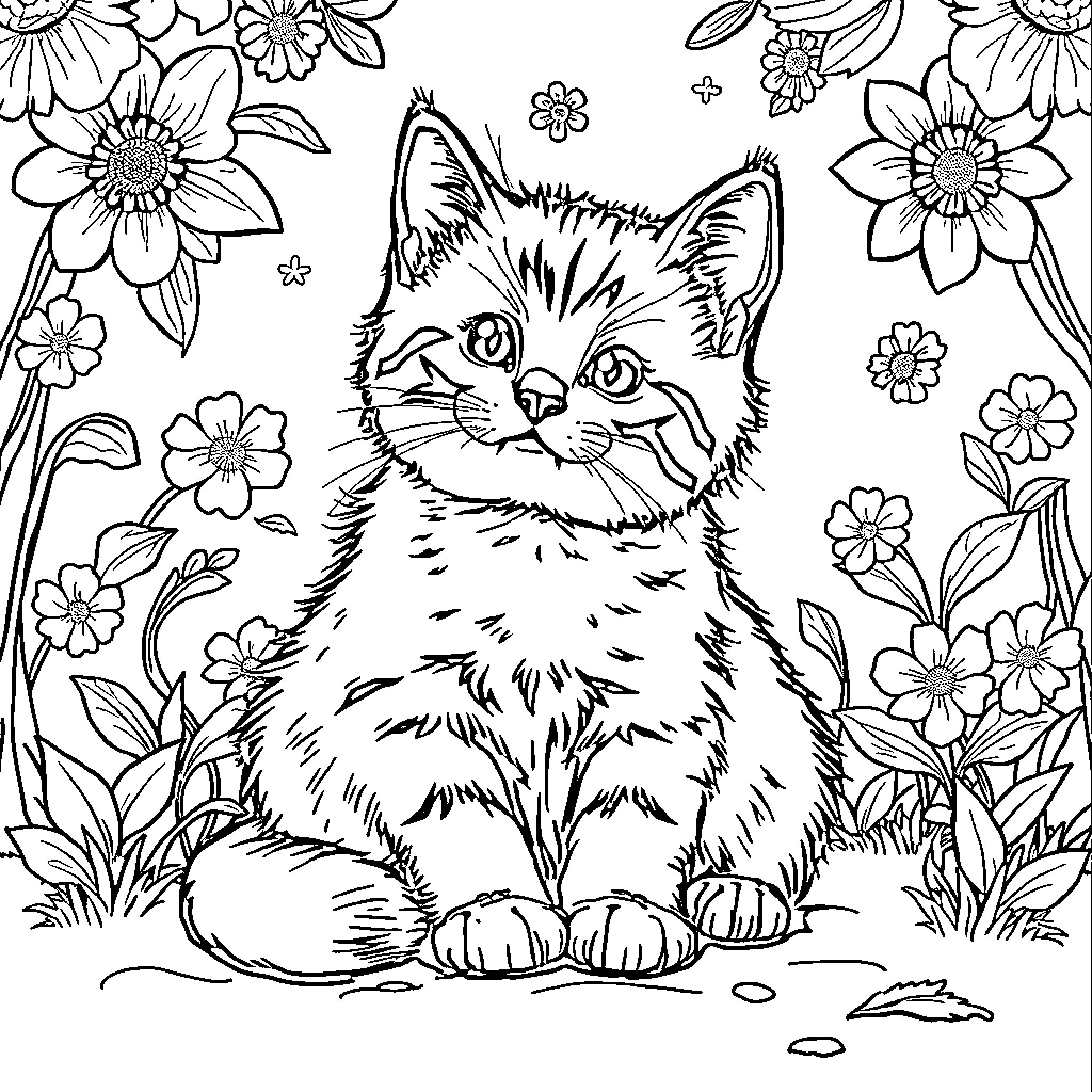 Cat surrounded by floral patterns Coloring Page (free black-and-white line drawing printable PDF for all, from beginners to advanced learners, including children, teens, adults, and seniors)