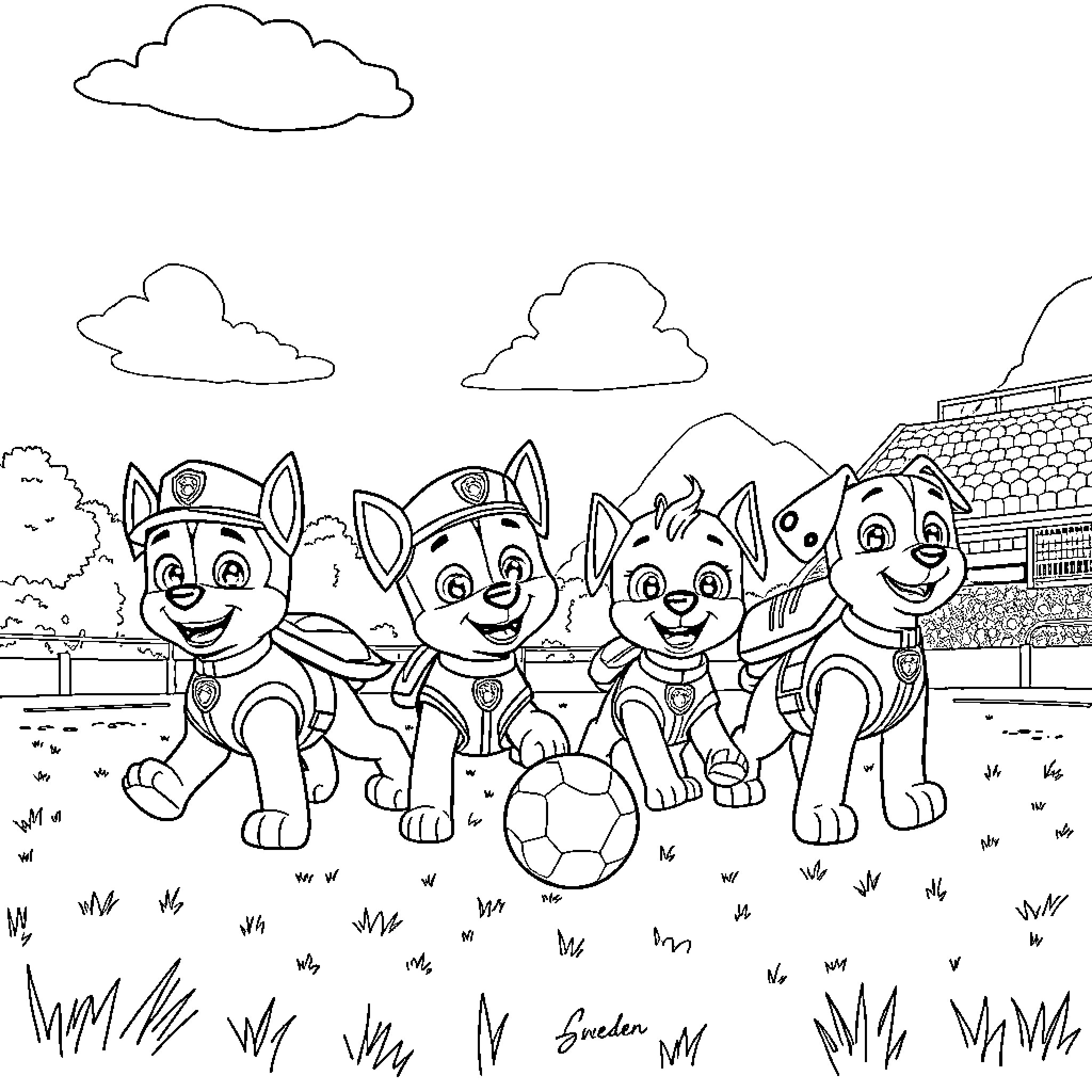 Paw Patrol team playing with soccer ball on the field Coloring Page (free black-and-white line drawing printable PDF for all, from beginners to advanced learners, including children, teens, adults, and seniors)