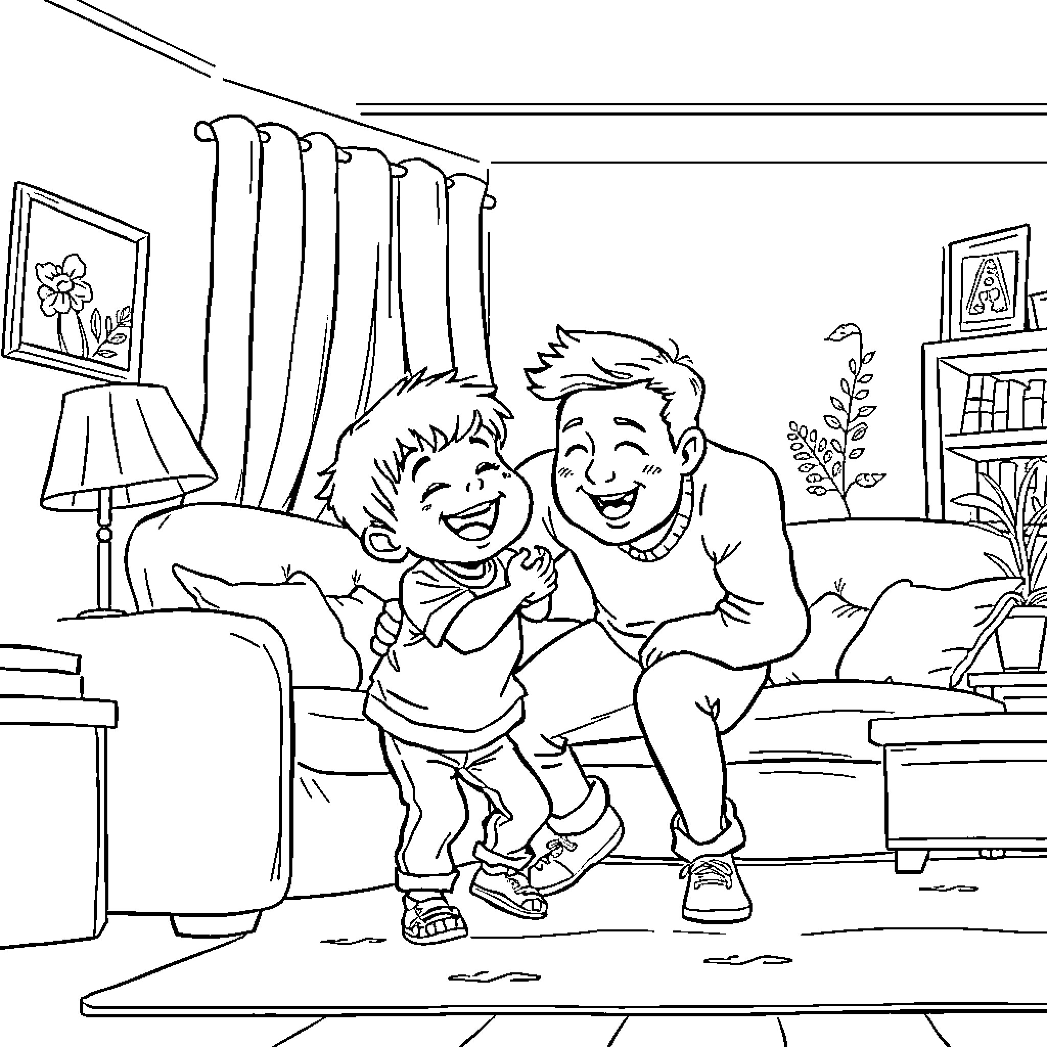 Kids Laughing and Having Fun Together Coloring Page (free black-and-white line drawing printable PDF for all, from beginners to advanced learners, including children, teens, adults, and seniors)