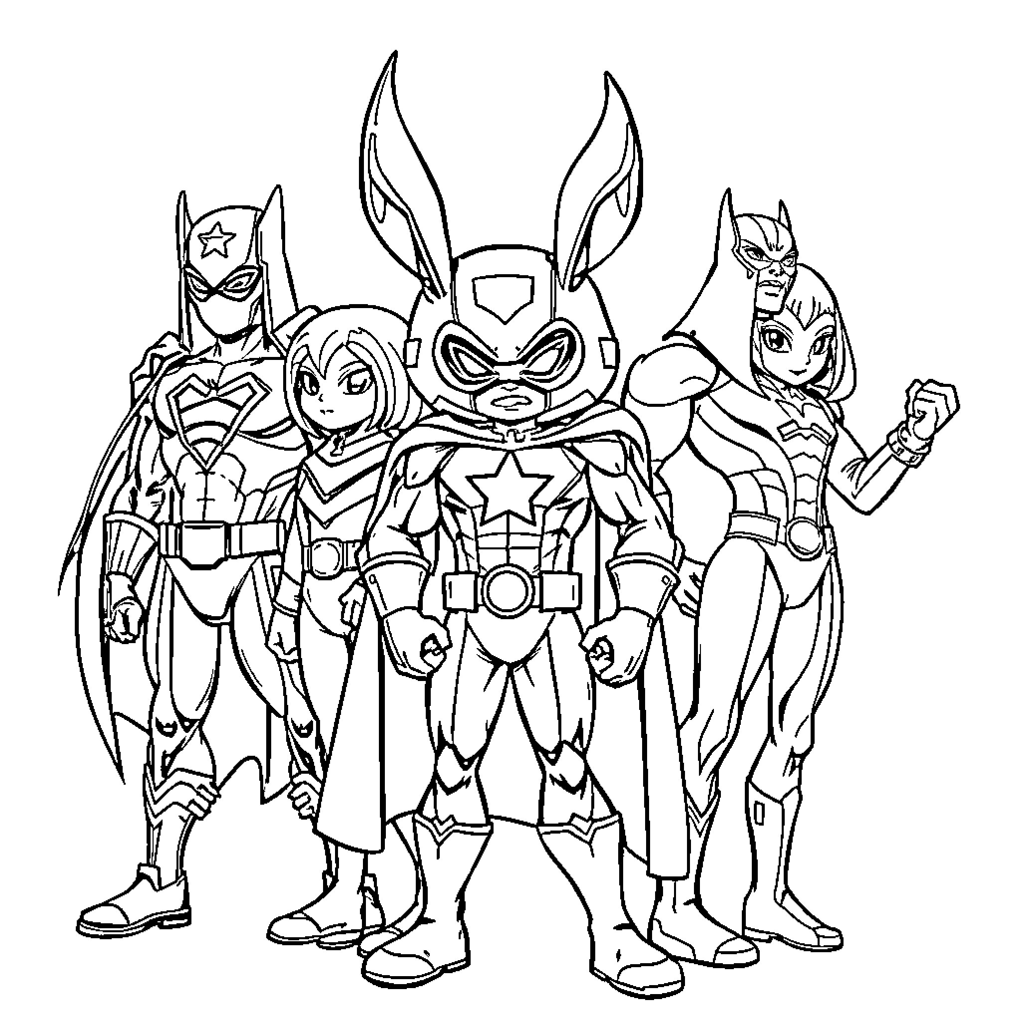 Labubu and the Heroic Ensemble Coloring Page (free black-and-white line drawing printable PDF for all, from beginners to advanced learners, including children, teens, adults, and seniors)