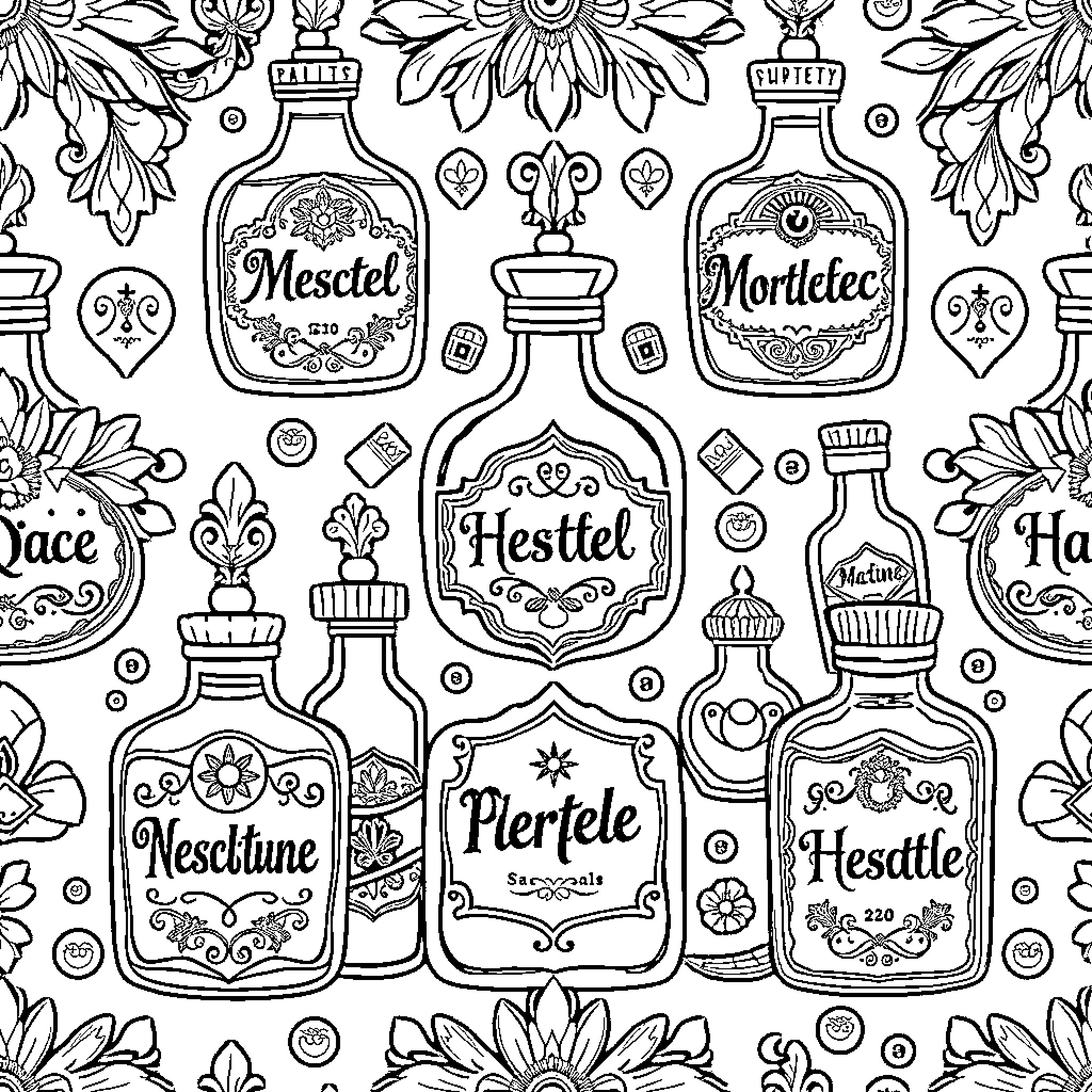 Potion Bottles with Floral Decorations Coloring Page (free black-and-white line drawing printable PDF for all, from beginners to advanced learners, including children, teens, adults, and seniors)