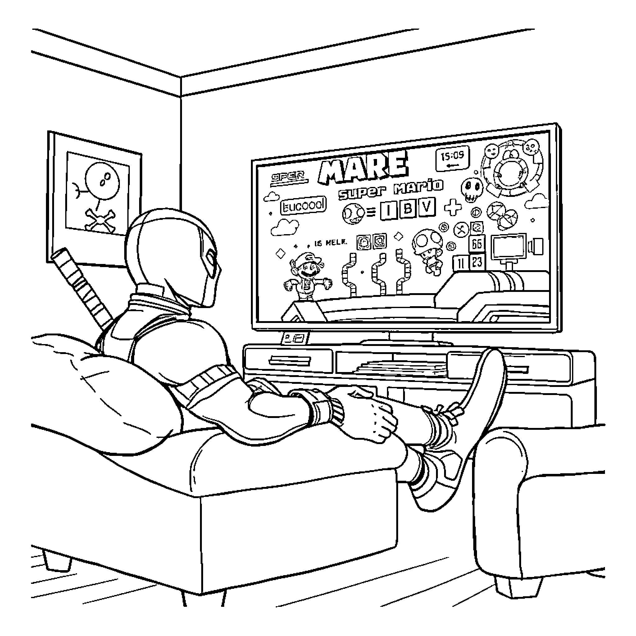 Deadpool relaxing and playing video games on the couch Coloring Page (free black-and-white line drawing printable PDF for all, from beginners to advanced learners, including children, teens, adults, and seniors)