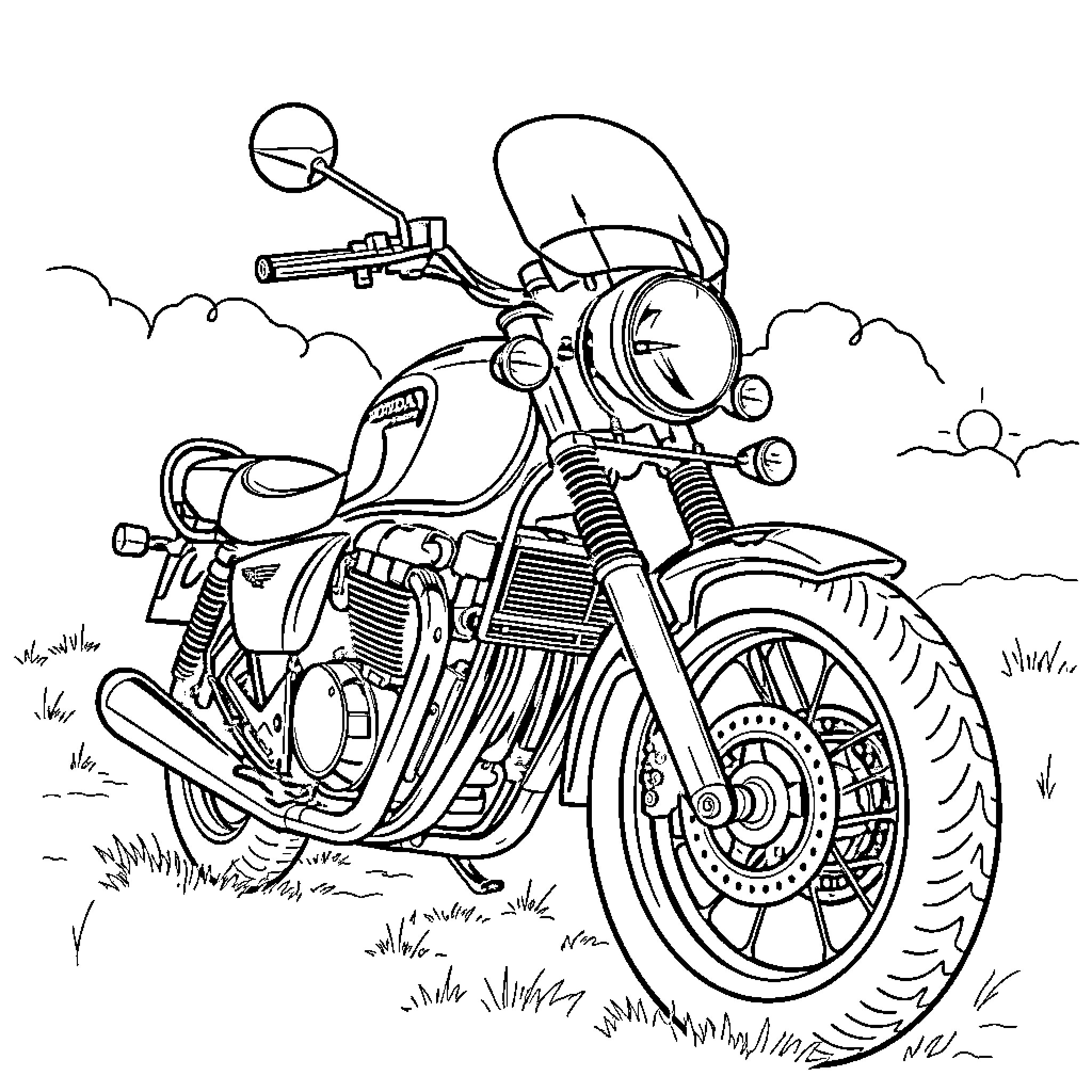 Honda motorcycle riding in the countryside Coloring Page (free black-and-white line drawing printable PDF for all, from beginners to advanced learners, including children, teens, adults, and seniors)