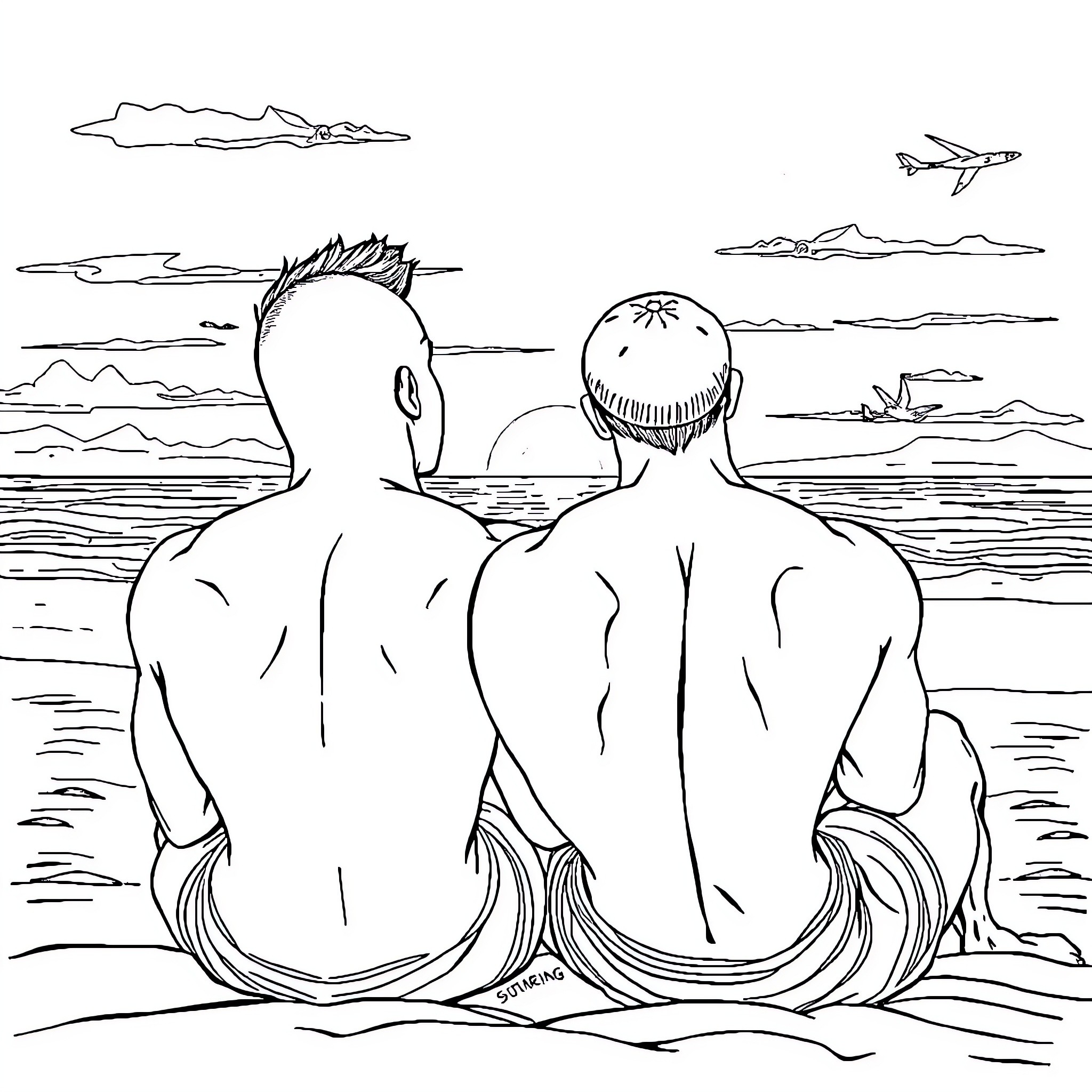 Friends watching the sunset by the sea Coloring Page (free black-and-white line drawing printable PDF for all, from beginners to advanced learners, including children, teens, adults, and seniors)
