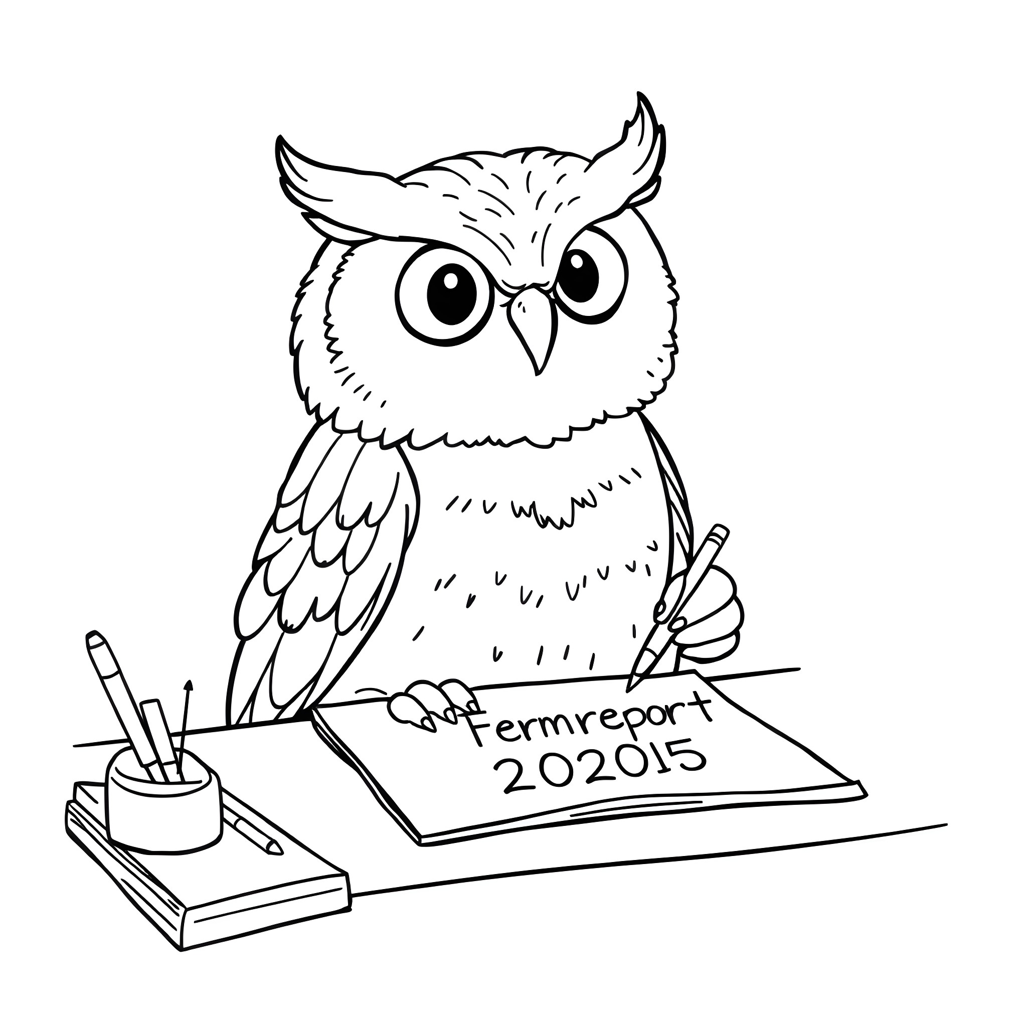 Owl diligently working on school report Coloring Page (free black-and-white line drawing printable PDF for all, from beginners to advanced learners, including children, teens, adults, and seniors)