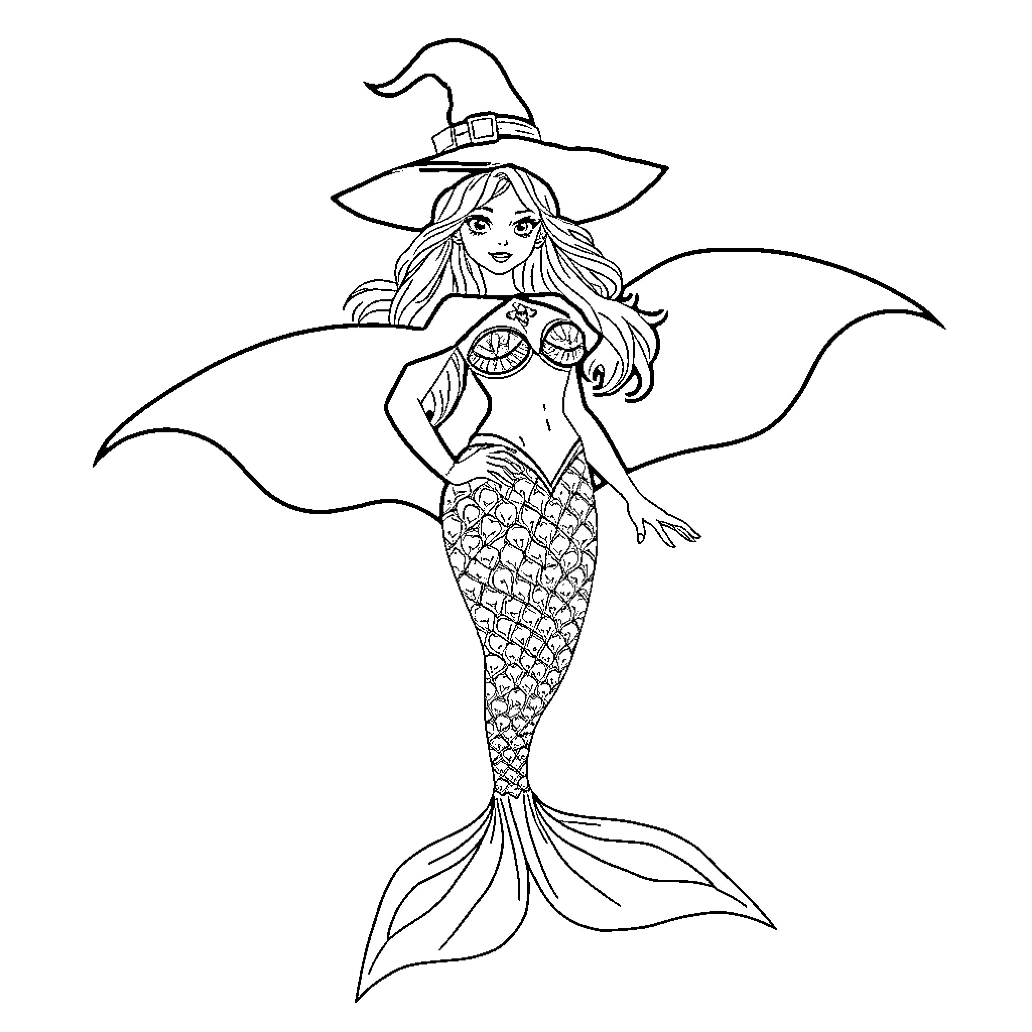 Mermaid Witch Enchanting with Magical Pendant Coloring Page (free black-and-white line drawing printable PDF for all, from beginners to advanced learners, including children, teens, adults, and seniors)