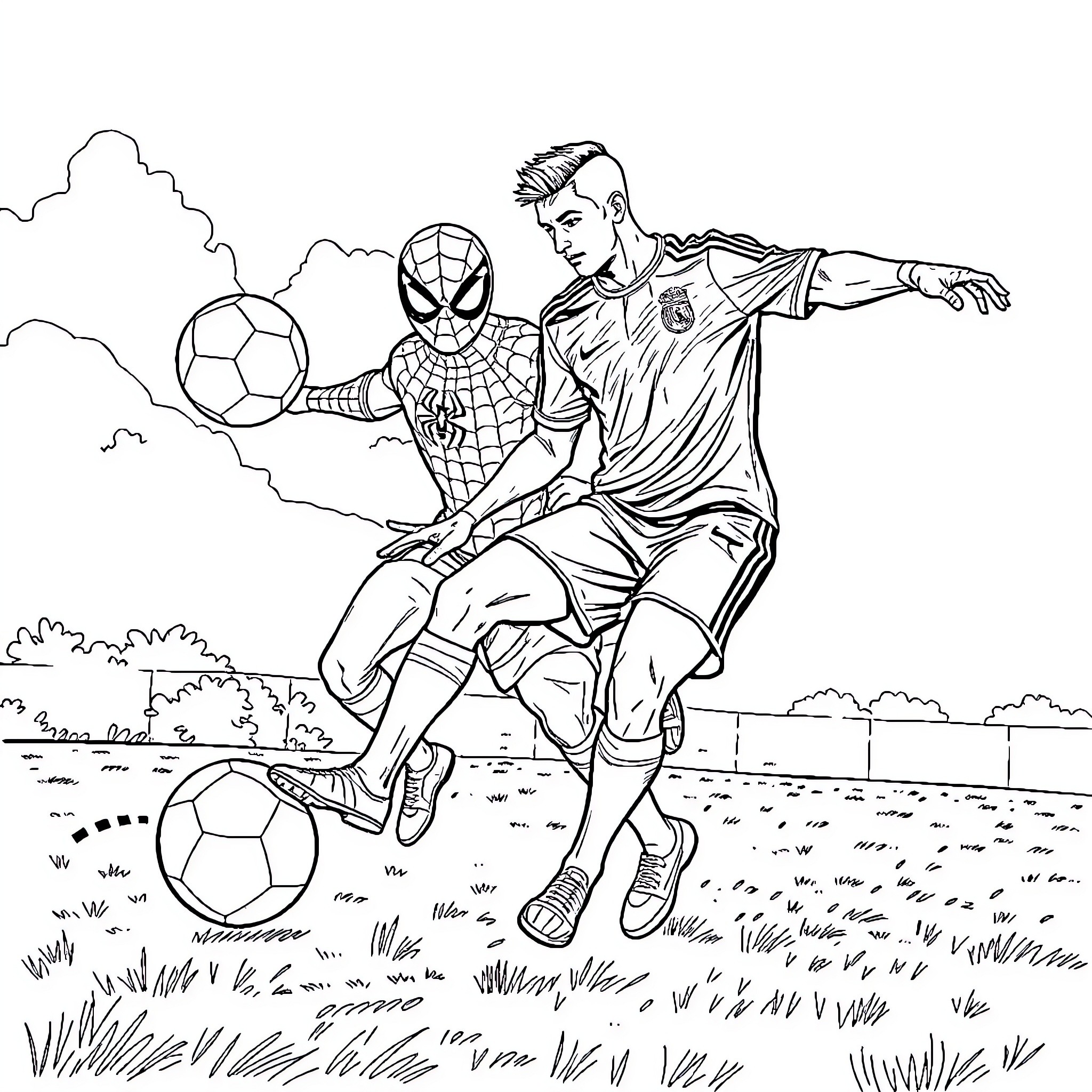 Spiderman and footballer playing soccer together outdoors Coloring Page (free black-and-white line drawing printable PDF for all, from beginners to advanced learners, including children, teens, adults, and seniors)