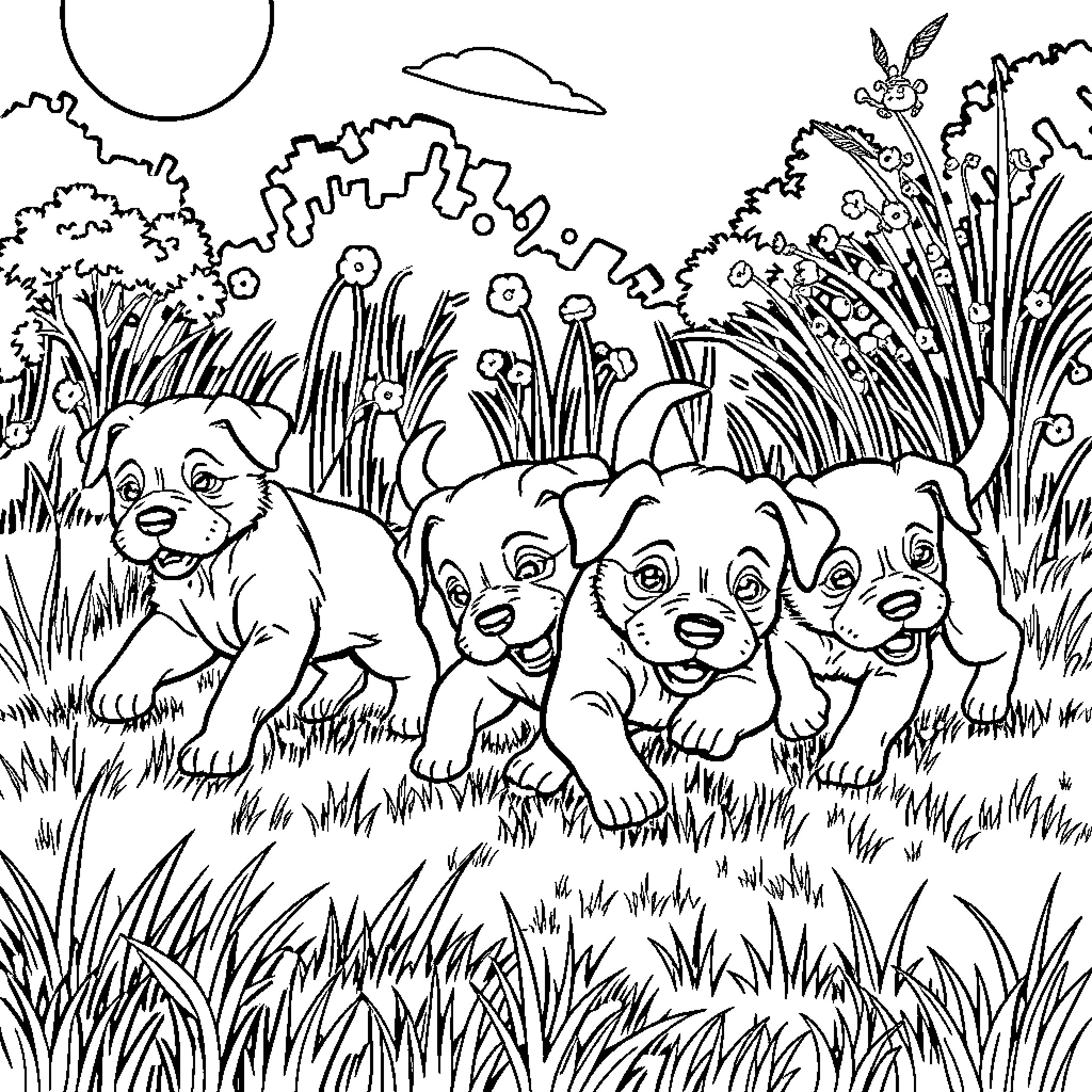 Puppy friends playing in the grassy meadow Coloring Page (free black-and-white line drawing printable PDF for all, from beginners to advanced learners, including children, teens, adults, and seniors)
