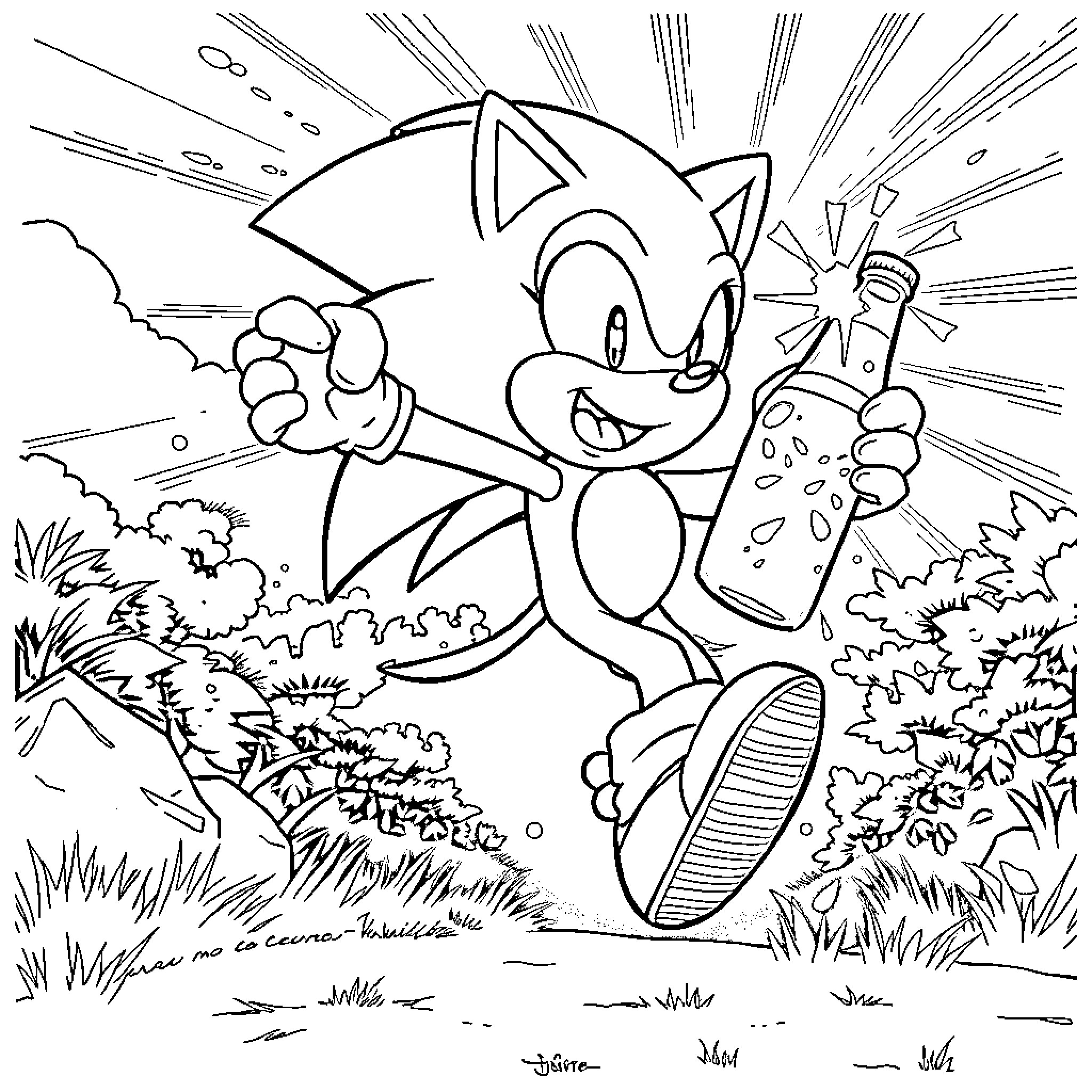 Sonic's Exciting Adventure in the Outdoors Coloring Page (free black-and-white line drawing printable PDF for all, from beginners to advanced learners, including children, teens, adults, and seniors)