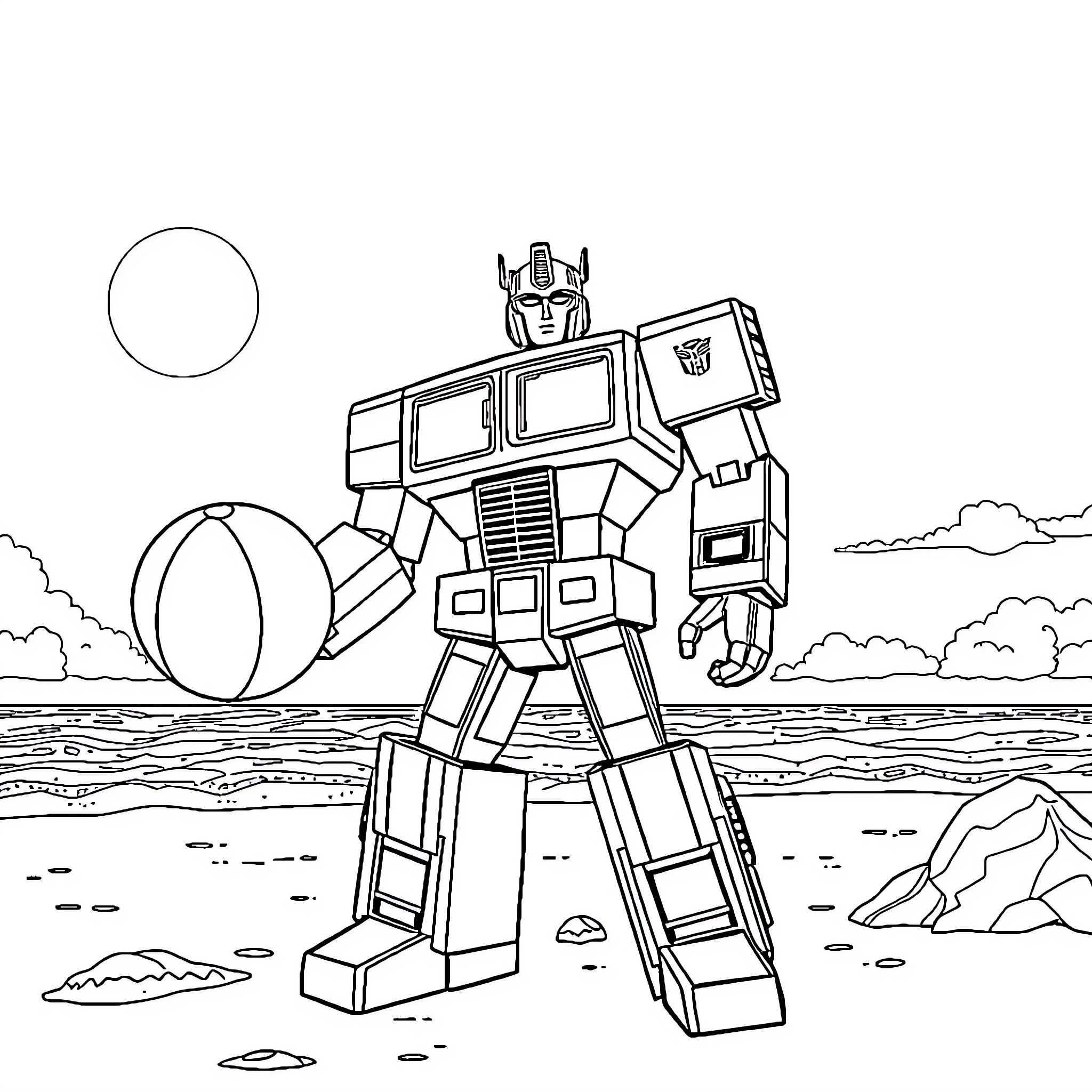 Optimus Prime standing heroically in a landscape Coloring Page (free black-and-white line drawing printable PDF for all, from beginners to advanced learners, including children, teens, adults, and seniors)