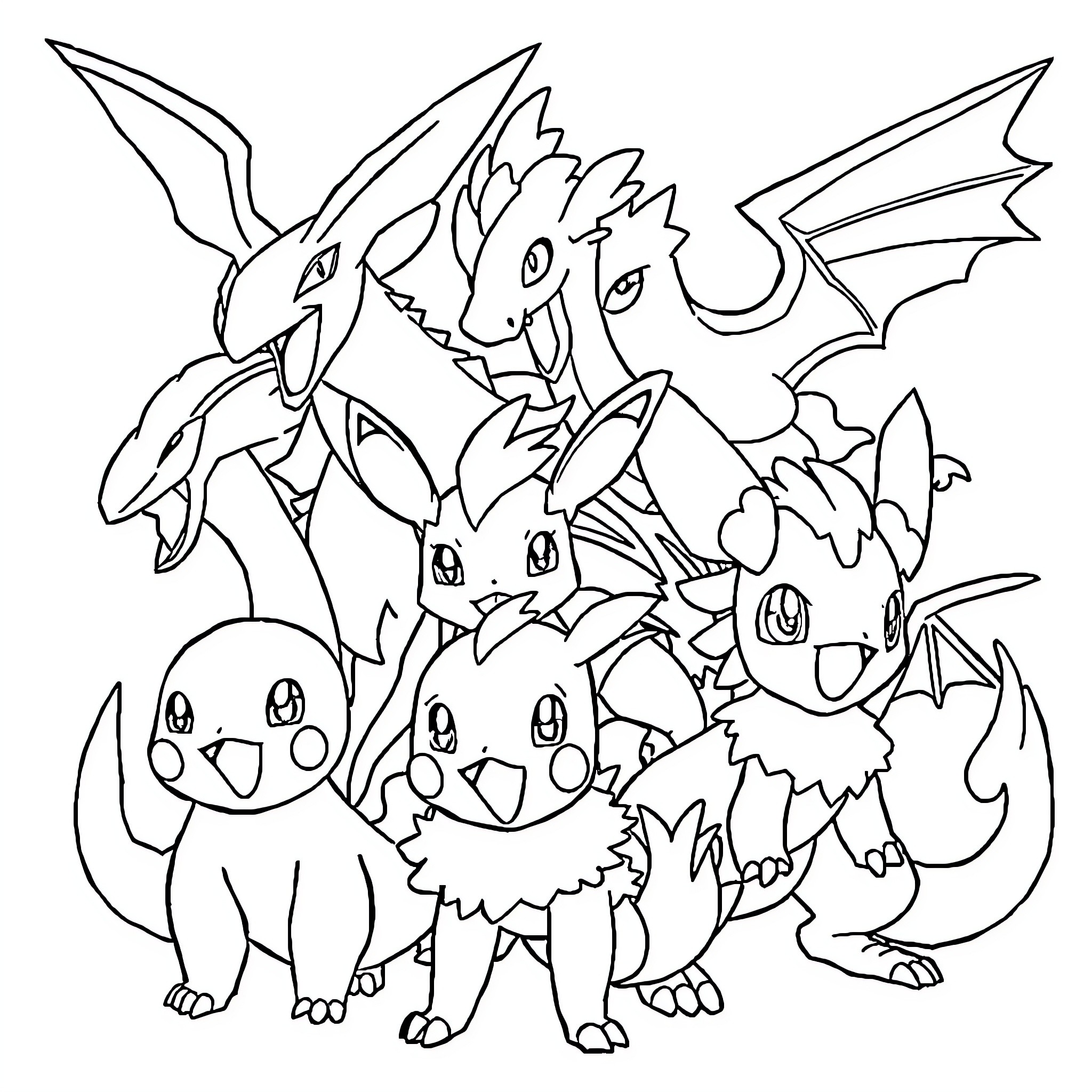 Pokémon characters in whimsical poses Coloring Page (free black-and-white line drawing printable PDF for all, from beginners to advanced learners, including children, teens, adults, and seniors)