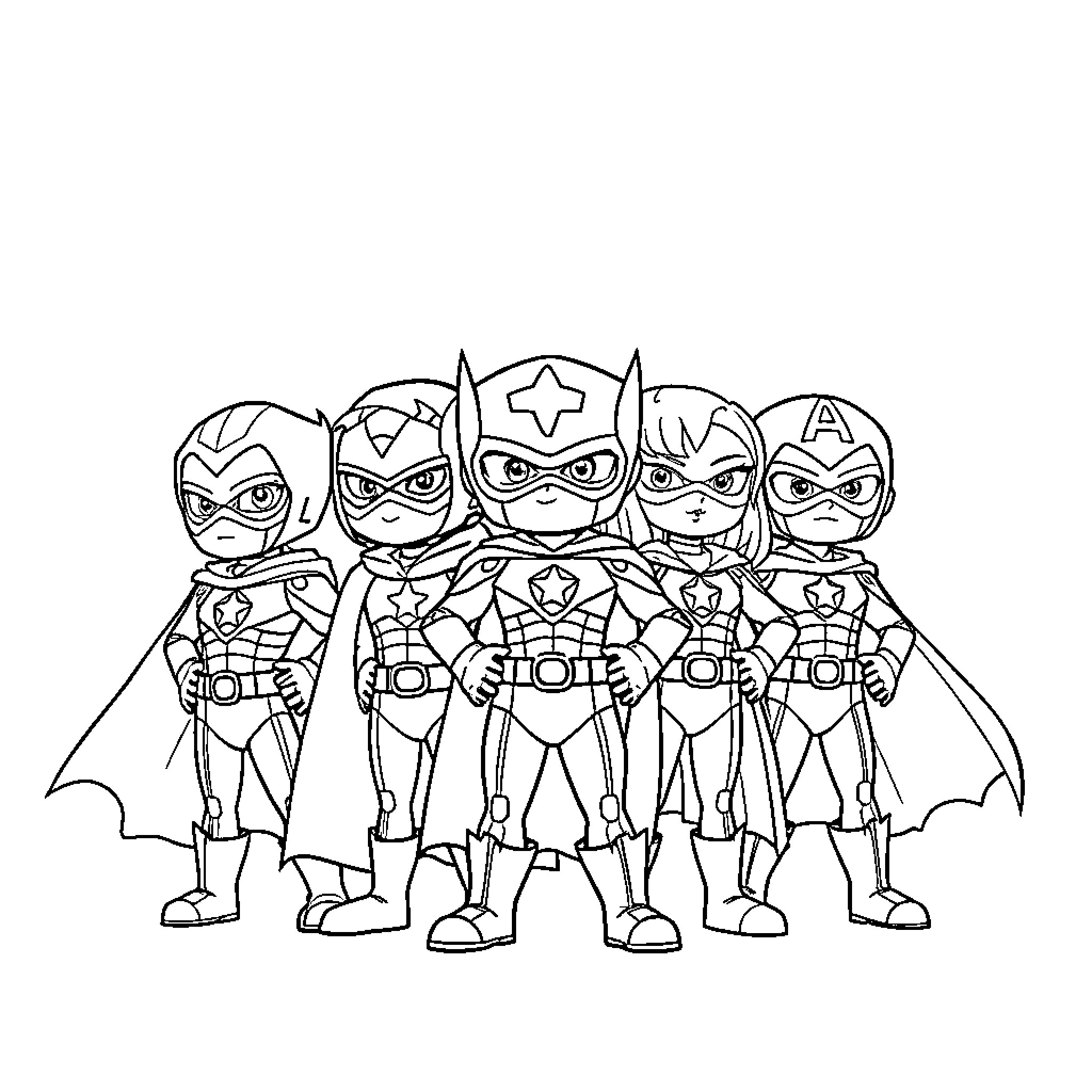 Miniforce heroes in action poses Coloring Page (free black-and-white line drawing printable PDF for all, from beginners to advanced learners, including children, teens, adults, and seniors)