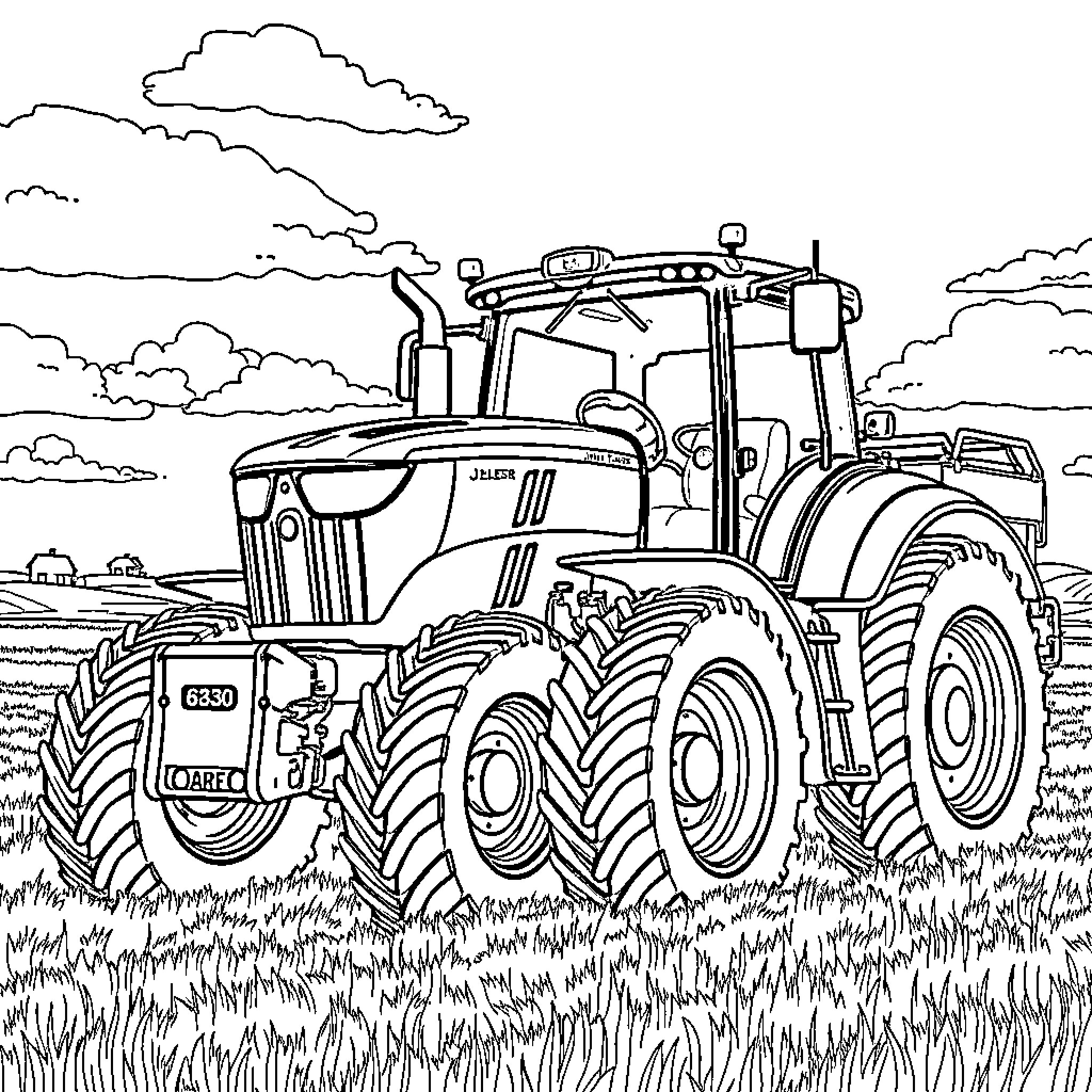 Tractor working in the countryside landscape Coloring Page (free black-and-white line drawing printable PDF for all, from beginners to advanced learners, including children, teens, adults, and seniors)