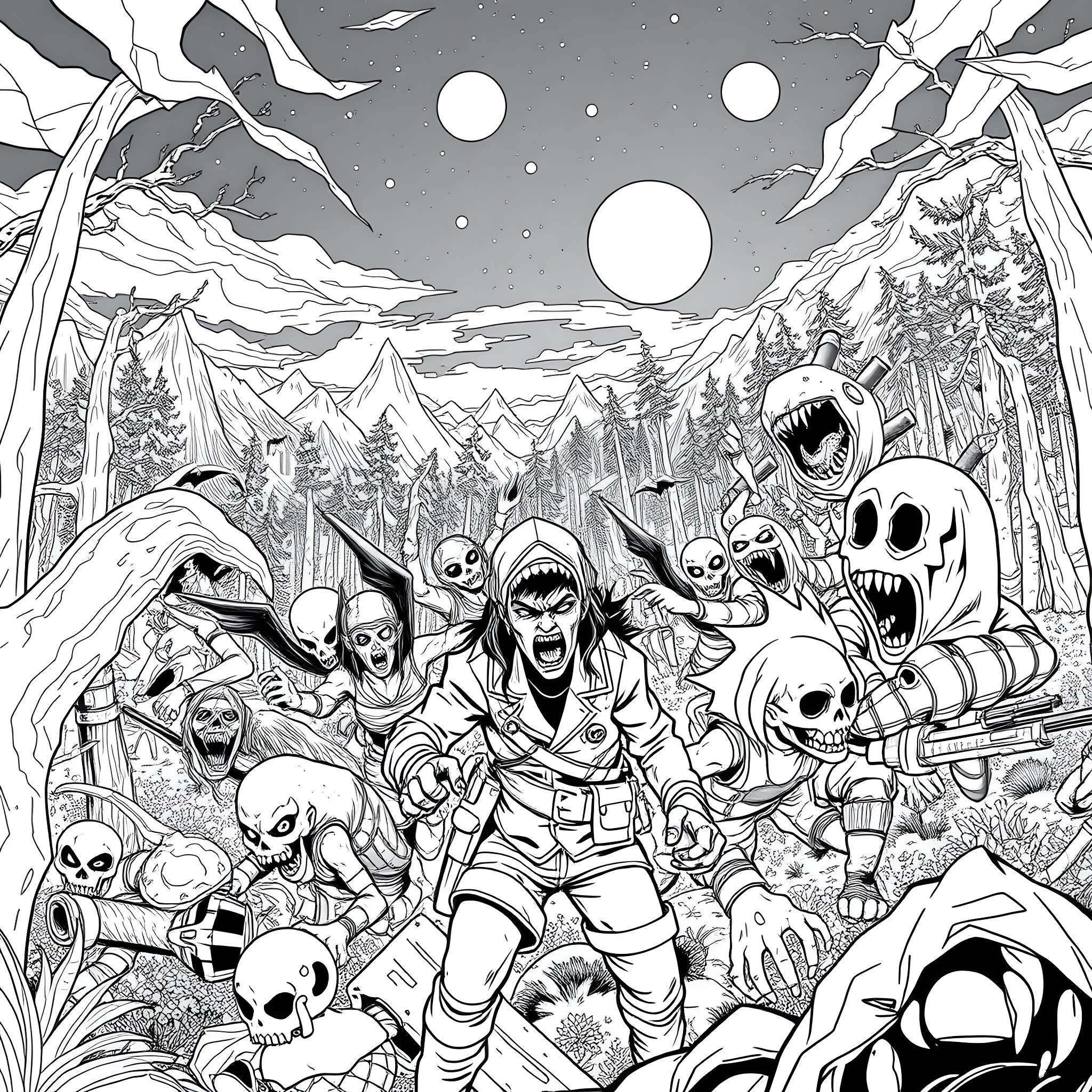 Don't Starve: Survivors Battling Nightmarish Creatures Coloring Page (free black-and-white line drawing printable PDF for all, from beginners to advanced learners, including children, teens, adults, and seniors)