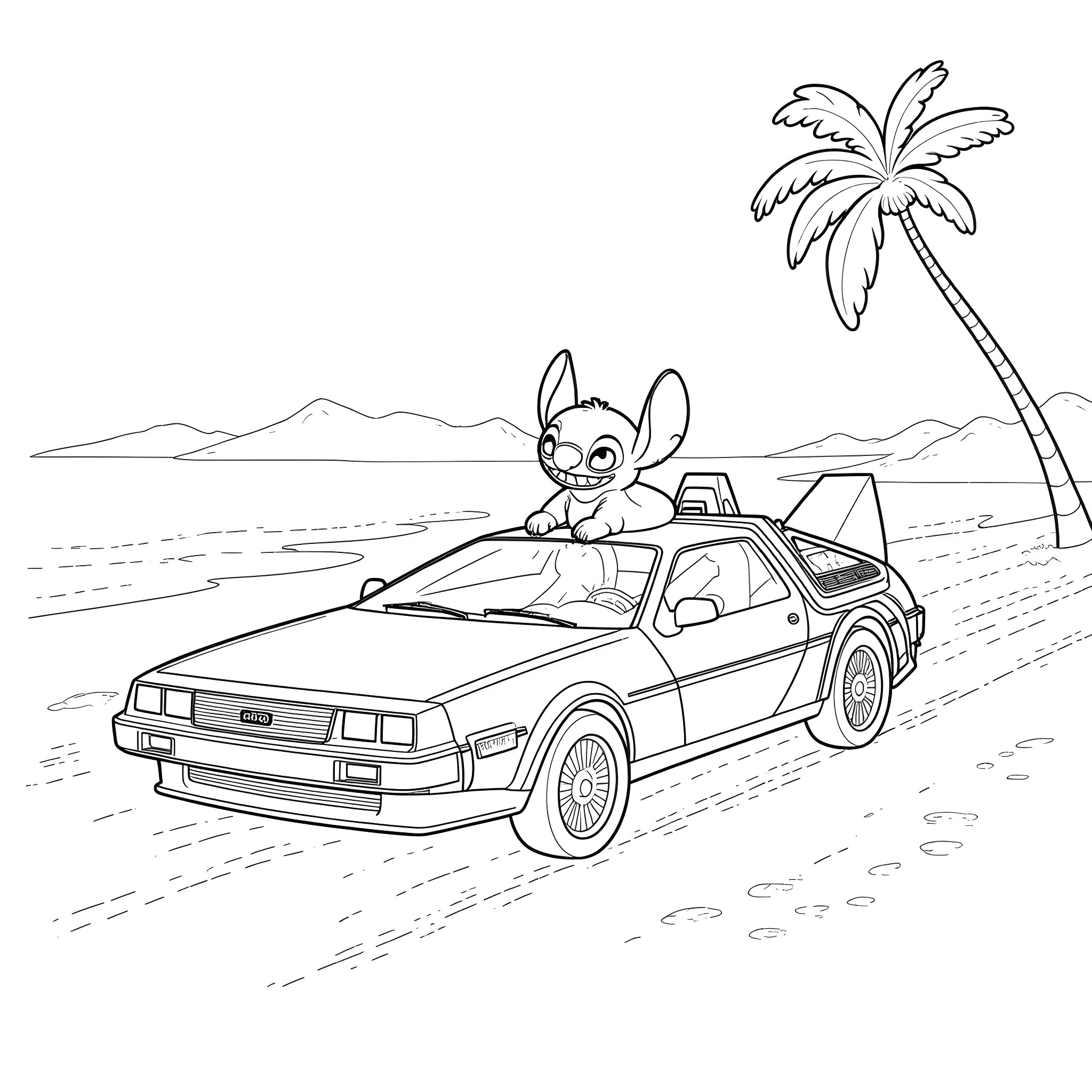 DeLorean time machine driven by cartoon character Coloring Page (free black-and-white line drawing printable PDF for all, from beginners to advanced learners, including children, teens, adults, and seniors)
