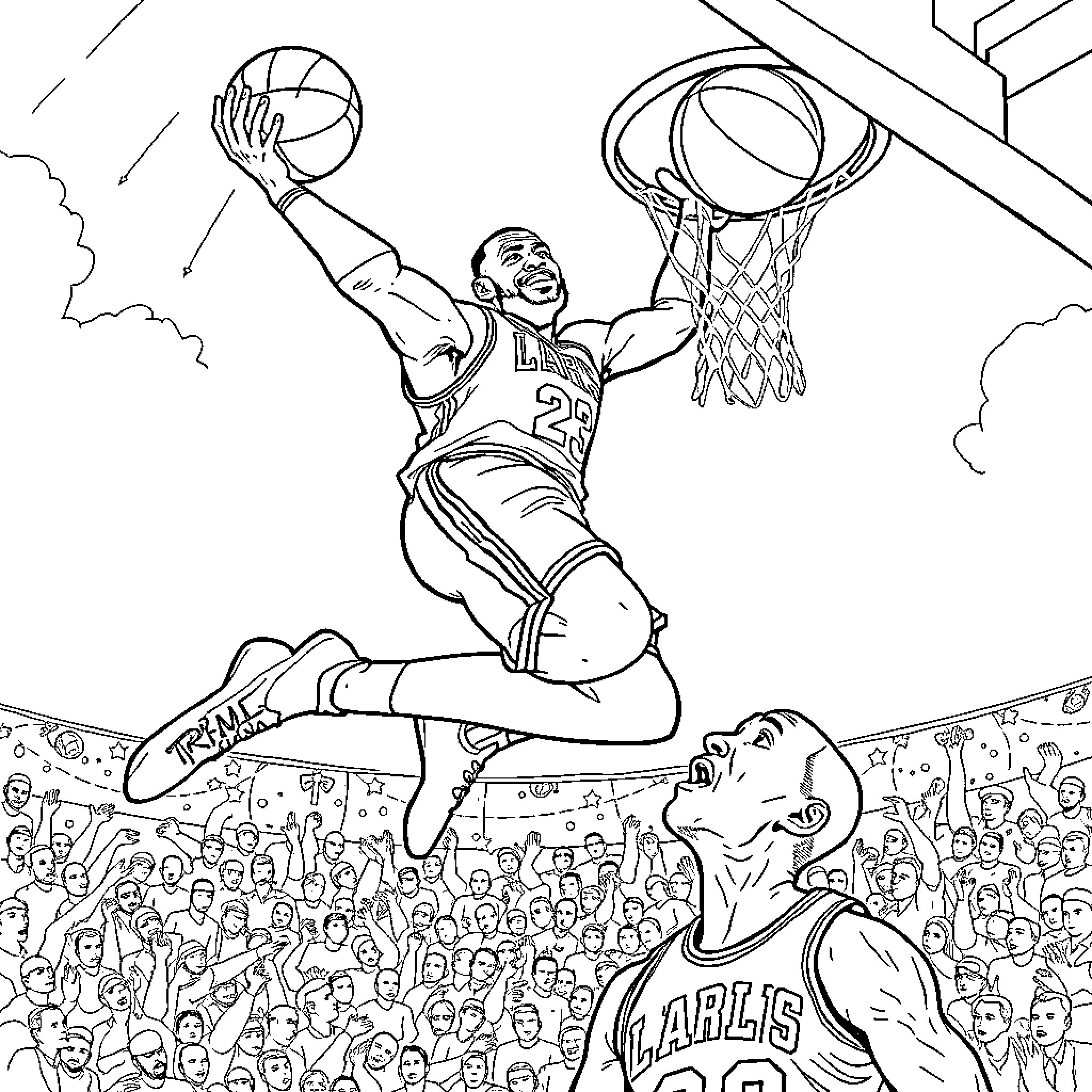 LeBron James' Dunk in Basketball Game Coloring Page (free black-and-white line drawing printable PDF for all, from beginners to advanced learners, including children, teens, adults, and seniors)